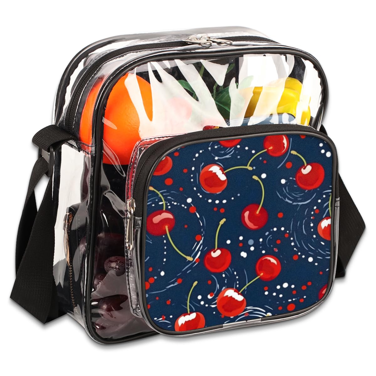 Dotted Cherry Clear Crossbody Purse Bag - Red & Blue Polka Dot Transparent Stadium Bag for Women & Men | Approved for Concerts, Festivals & Sports Events | Perfect for Music Festivals, NFL Games & Theme Parks