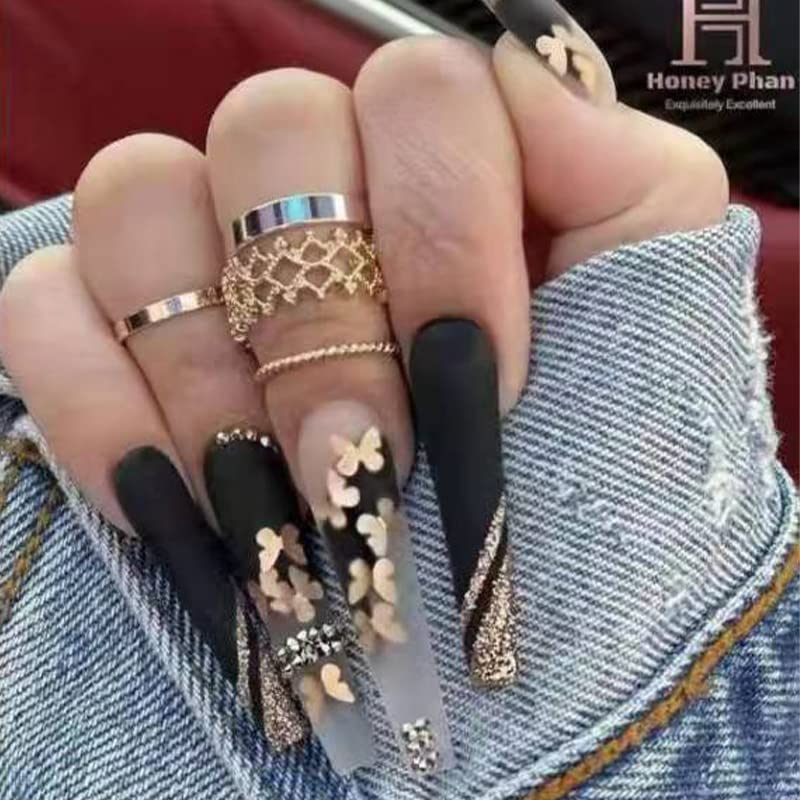 KXAMELIE Matte Black Press on Nails - Extra Long Coffin Shape False Nails with Gold Butterfly & Luxury Rhinestones | 24PCS Full Cover Fake Nails for DIY Nail Art, Salon & Gifts | Perfect for Women, Girls, Parties, Weddings & Special Occasions