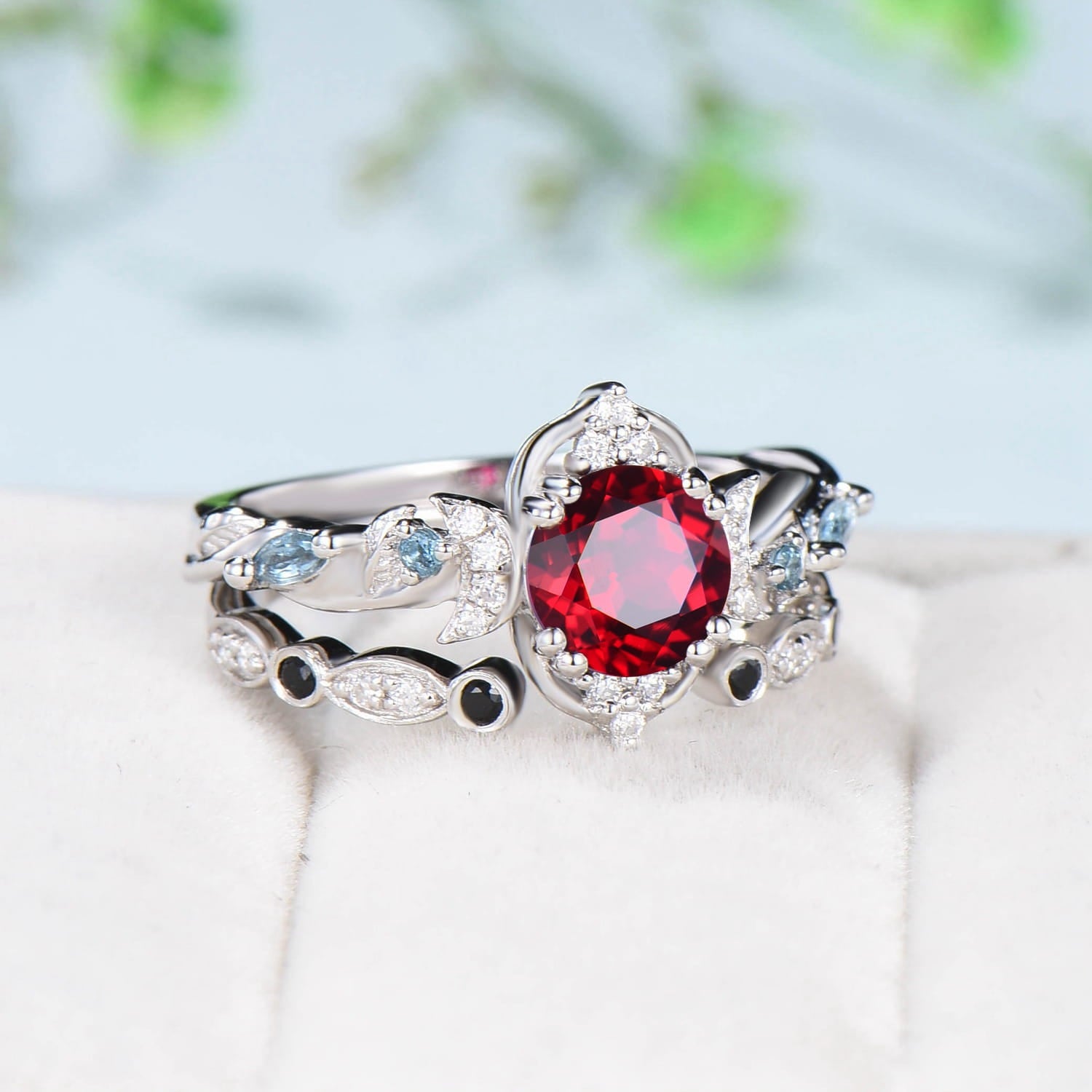 Unique Crescent Moon Ruby Engagement Ring Set with Swiss Topaz & Black Spinel - Nature Inspired Open Gap Wedding Band for Women | Perfect for Bridal Stacking, Proposal & Anniversary Gifts