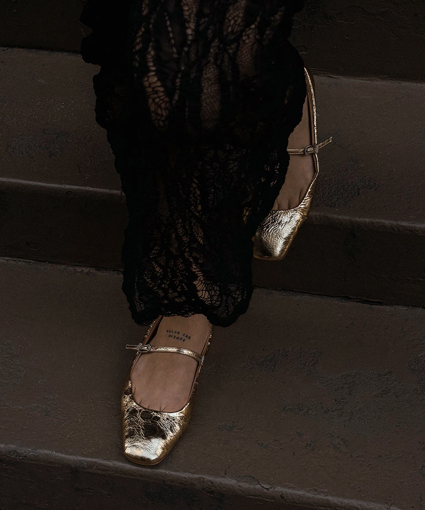 Reyes Gold Distressed Leather Ballet Flats - Women's Comfortable Slip-On Shoes for Work, Office & Casual Wear