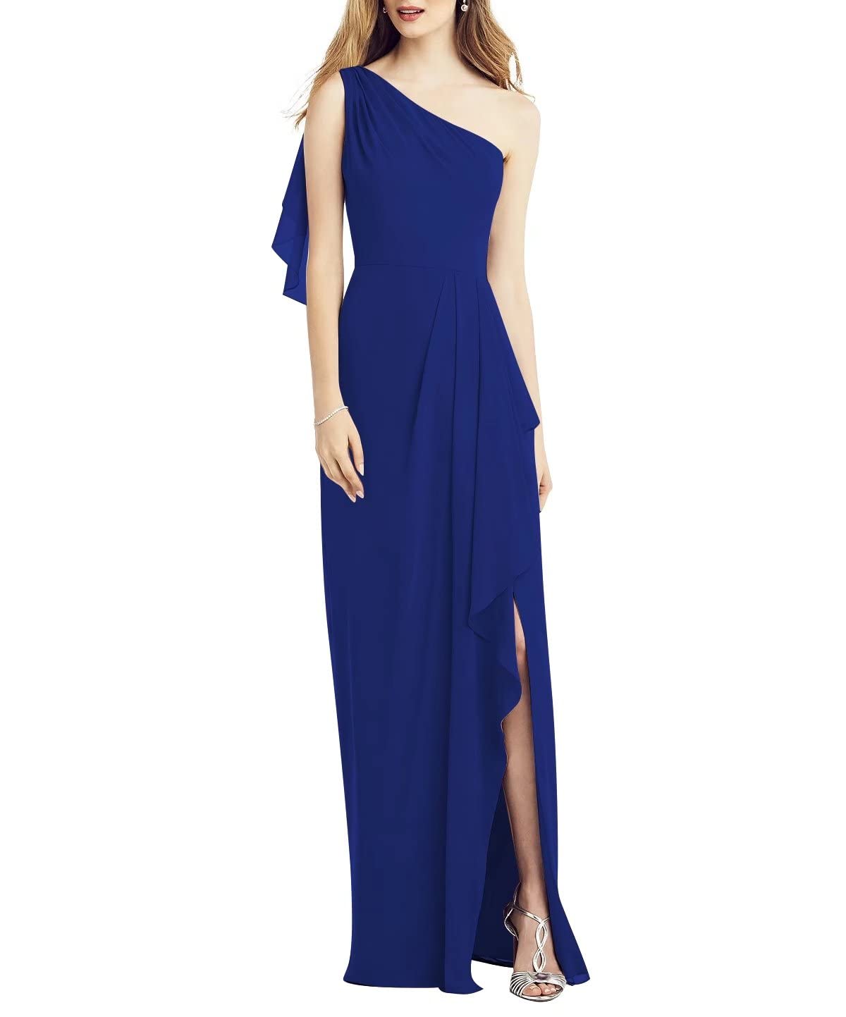 Elegant A-Line One Shoulder Bridesmaid Dress - Sleeveless Floor Length Formal Gown with Front Slit & Ruffle Detail | Perfect for Weddings, Prom, Evening Parties & Special Occasions