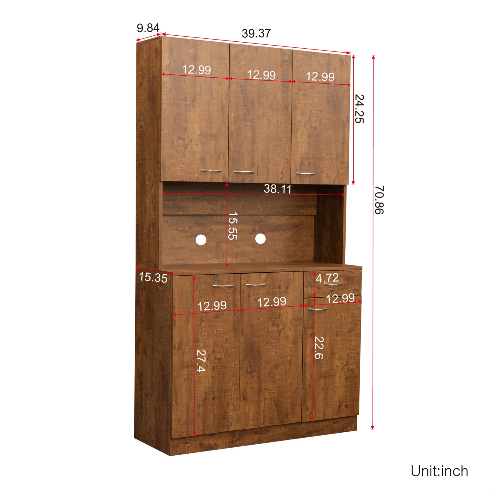 Bellemave 6-Door Kitchen Pantry Storage Cabinet with Adjustable Shelves - Freestanding Buffet Hutch with Microwave Stand & Drawer for Home & Office (Walnut) - Perfect for Small Kitchens, Dining Rooms & Office Storage