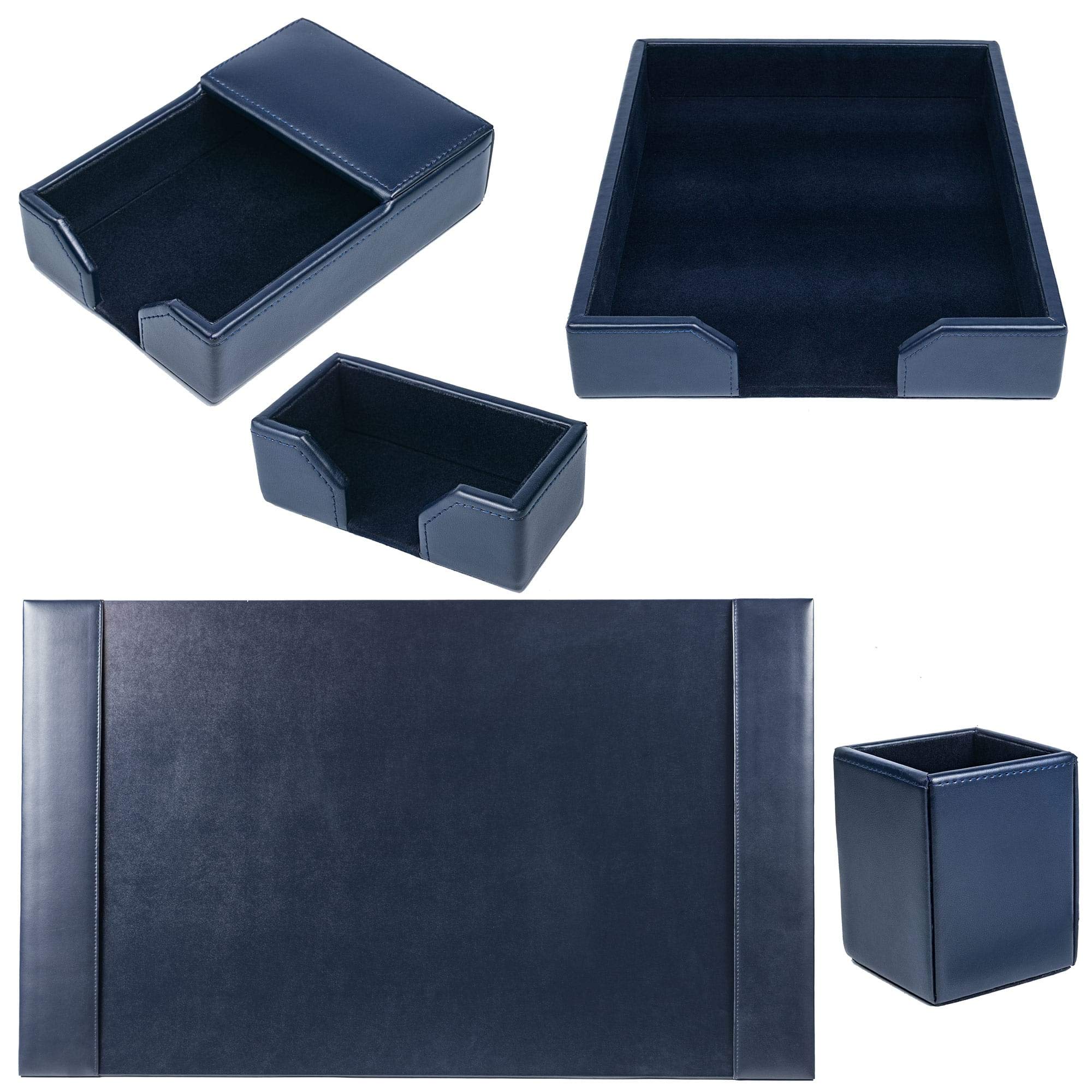 Premium DACASSO Bonded Leather Desk Set - 5-Piece Luxury Leather Desk Pad & Office Organizer (Navy Blue) for Home Office, Executive Desk & Professional Workspace