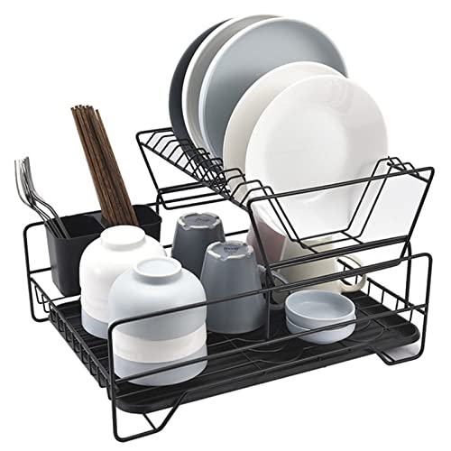 Stainless Steel Dish Drainer Rack - 2 Tier Space Saving Kitchen Counter Drying Rack with Drain Board | Dish Organizer for Plates, Bowls & Utensils | Perfect for Small Kitchens & RV Use