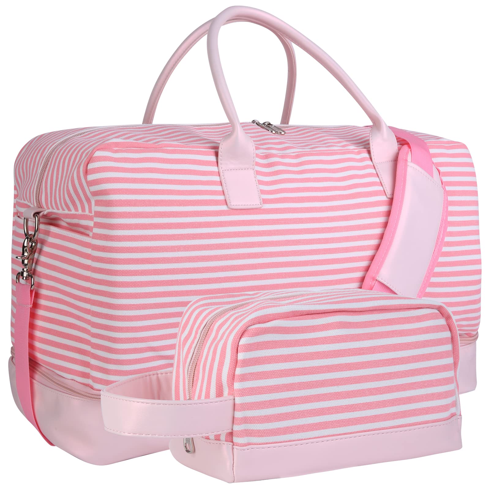 Inspack 45L Weekender Gym Duffle Bag for Women - Pink & White Stripe Travel Tote with Shoe Compartment, Toiletry Bag & Trolley Sleeve - Perfect for Sports, Carry-On, Overnight Trips & Workout Essentials (22x14x9 Inches)