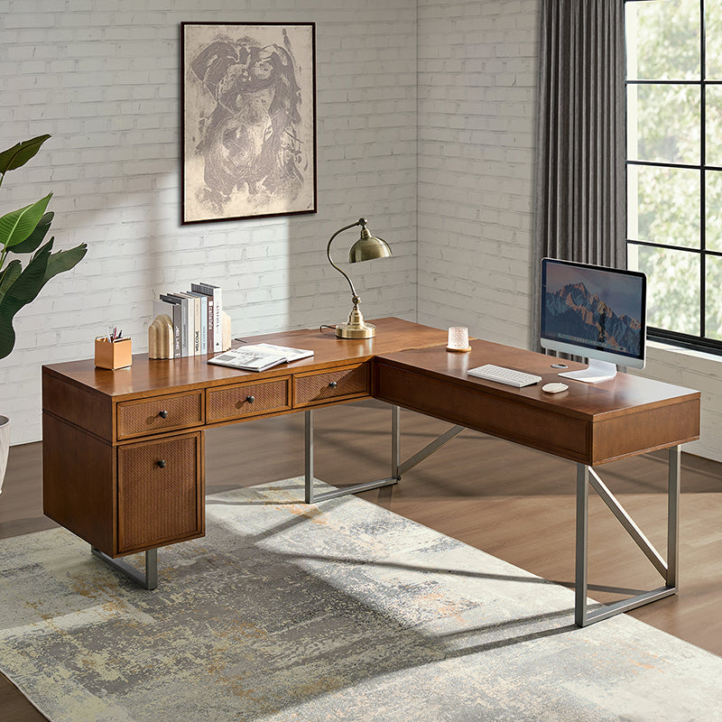 Bertrame Mid Century Modern L-Shaped Lift Top Office Desk - Space-Saving Computer Desk with Storage for Home & Office Workspace
