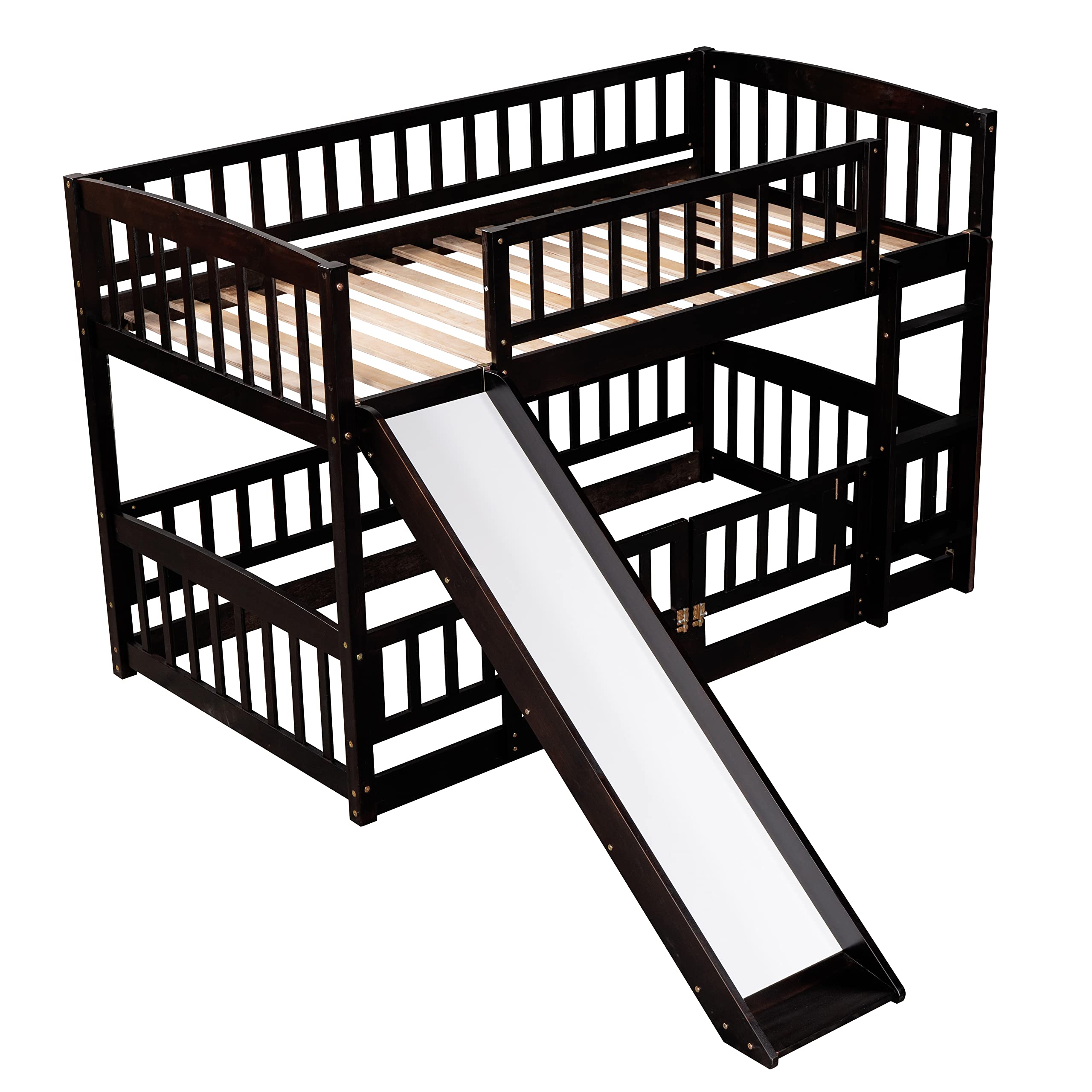 SOFTSEA Twin Over Twin Bunk Bed with Convertible Slide & Ladder - Kids Wood Bunk Bed Frame with Safety Guardrails, Low Profile Floor Bunk Bed with Fence & Door in Espresso - Perfect for Small Bedrooms, Kids' Rooms & Sleepovers