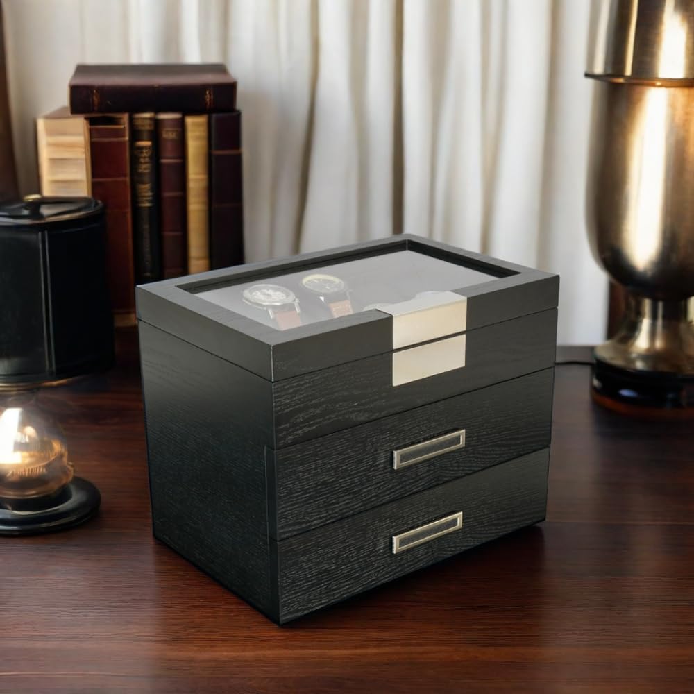Personalized Ebony Wood Watch Display Case - 3-Tier Jewelry Organizer with Glass Top, Stainless Steel Accents & 2 Drawers - Luxury Watch Storage Box for Men & Women - Perfect for Home, Office or Gift Giving
