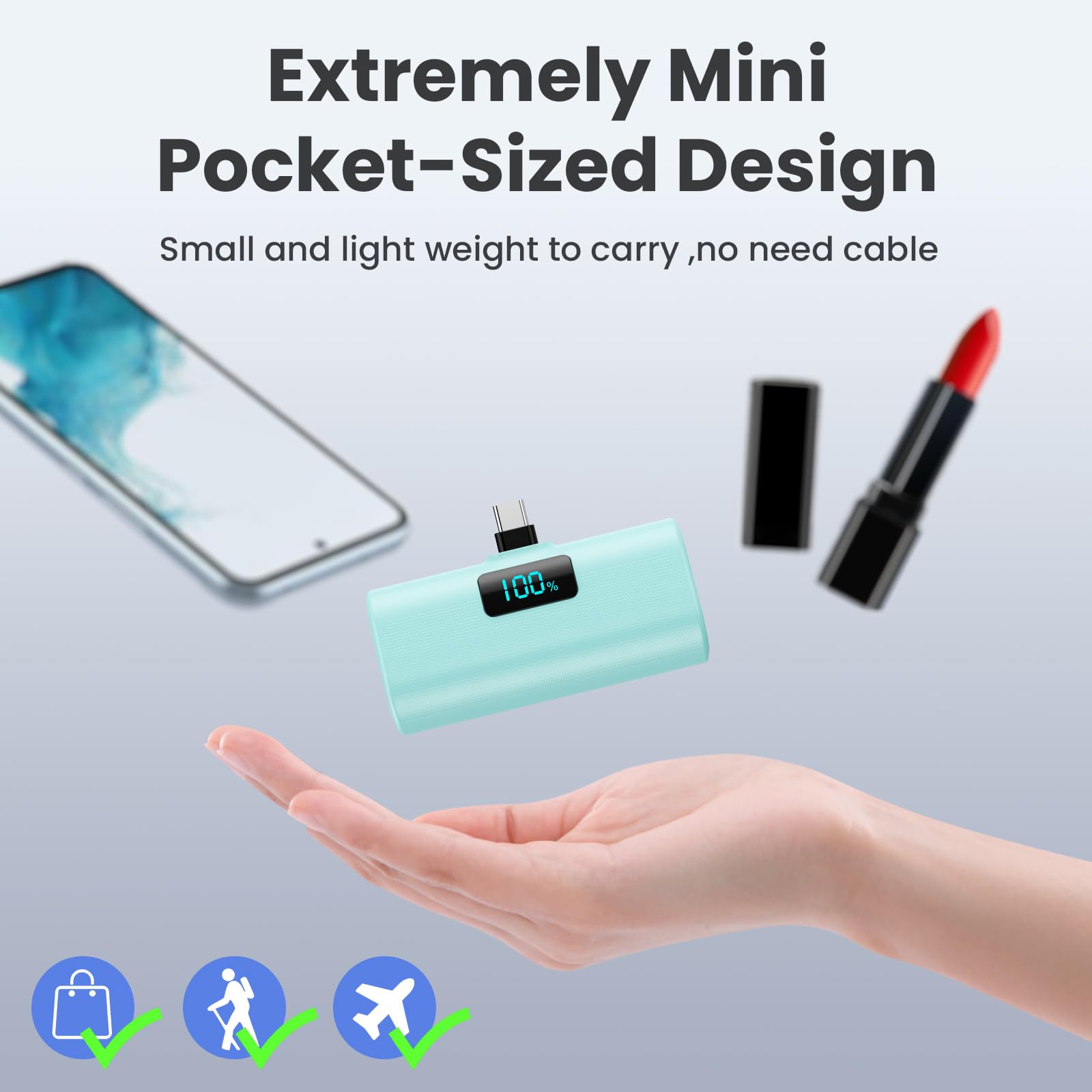 5200mAh Portable Charger with PD & USB-C - Compact Power Bank for iPhone 15 Series, iPad Pro, Samsung & Android Phones - Built-in USB-C Cable & LCD Display - Perfect for Travel, Camping & Emergency Charging (Green)