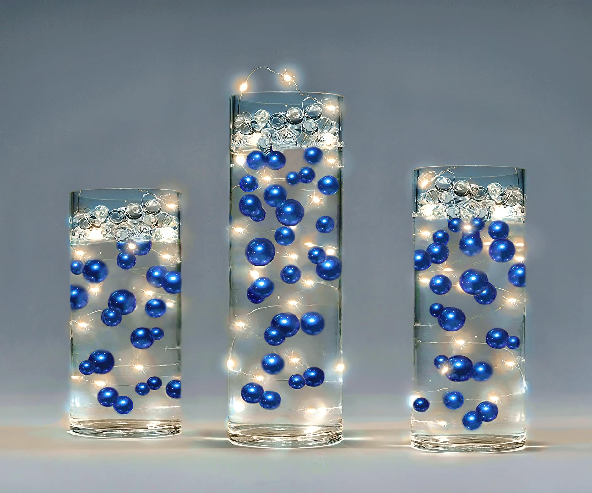 750 Floating Royal Blue & Navy Pearls - Large Size Pearls for Vases with Transparent Water Gel Kit - Creates Stunning Floating Effect - Fills 10 Gallons of Gel - Includes Warm White Submersible LED Lights for Home Decor, Wedding Centerpieces & Spa Relaxation