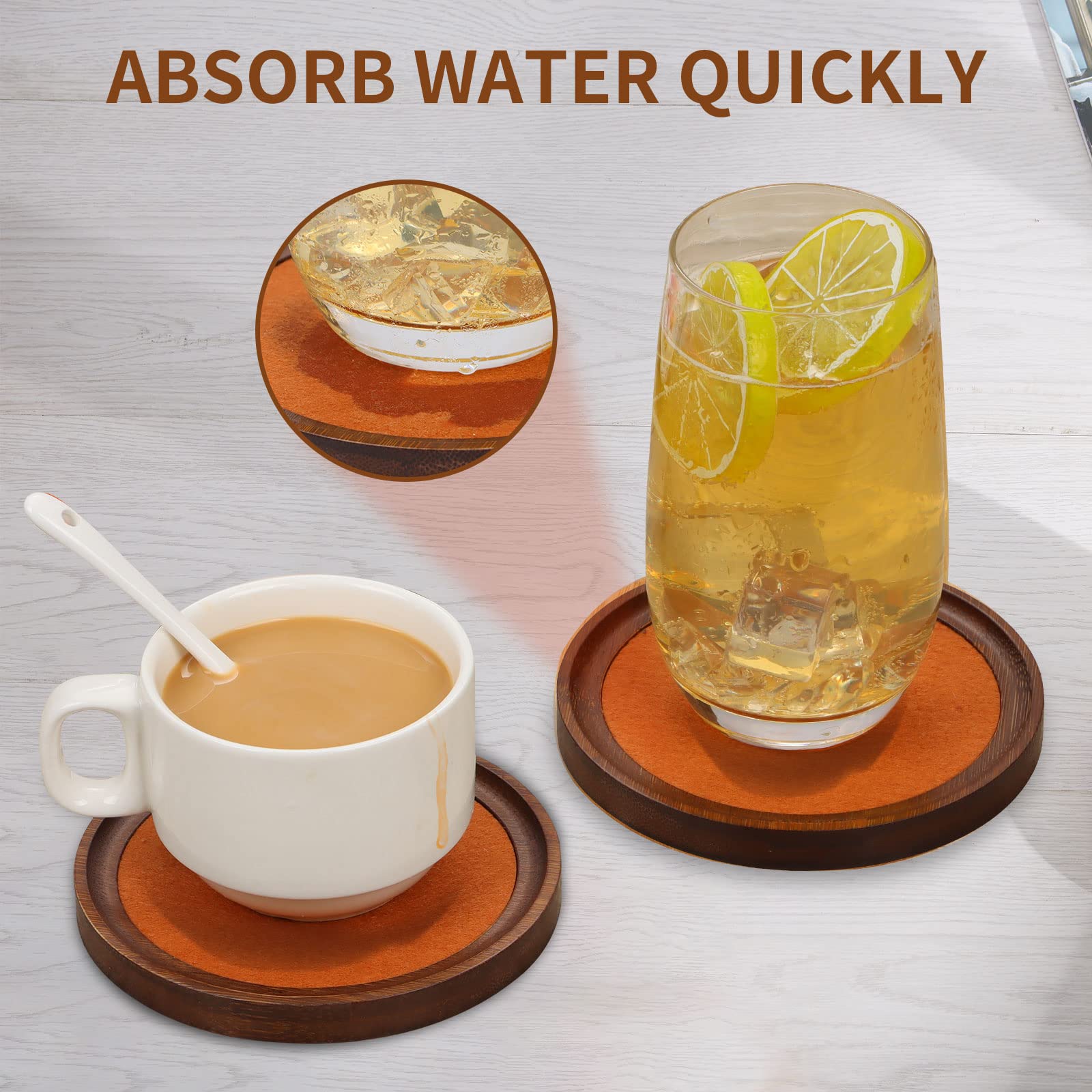 MinBoo 6-Piece Dark Brown Bamboo Drink Coasters Set with Holder - Absorbent, Durable & Stylish for Coffee Tables, Dining Tables, Bars - Perfect for Home Decor, Housewarming & Wedding Gifts - Protect Your Furniture from Stains & Water Rings