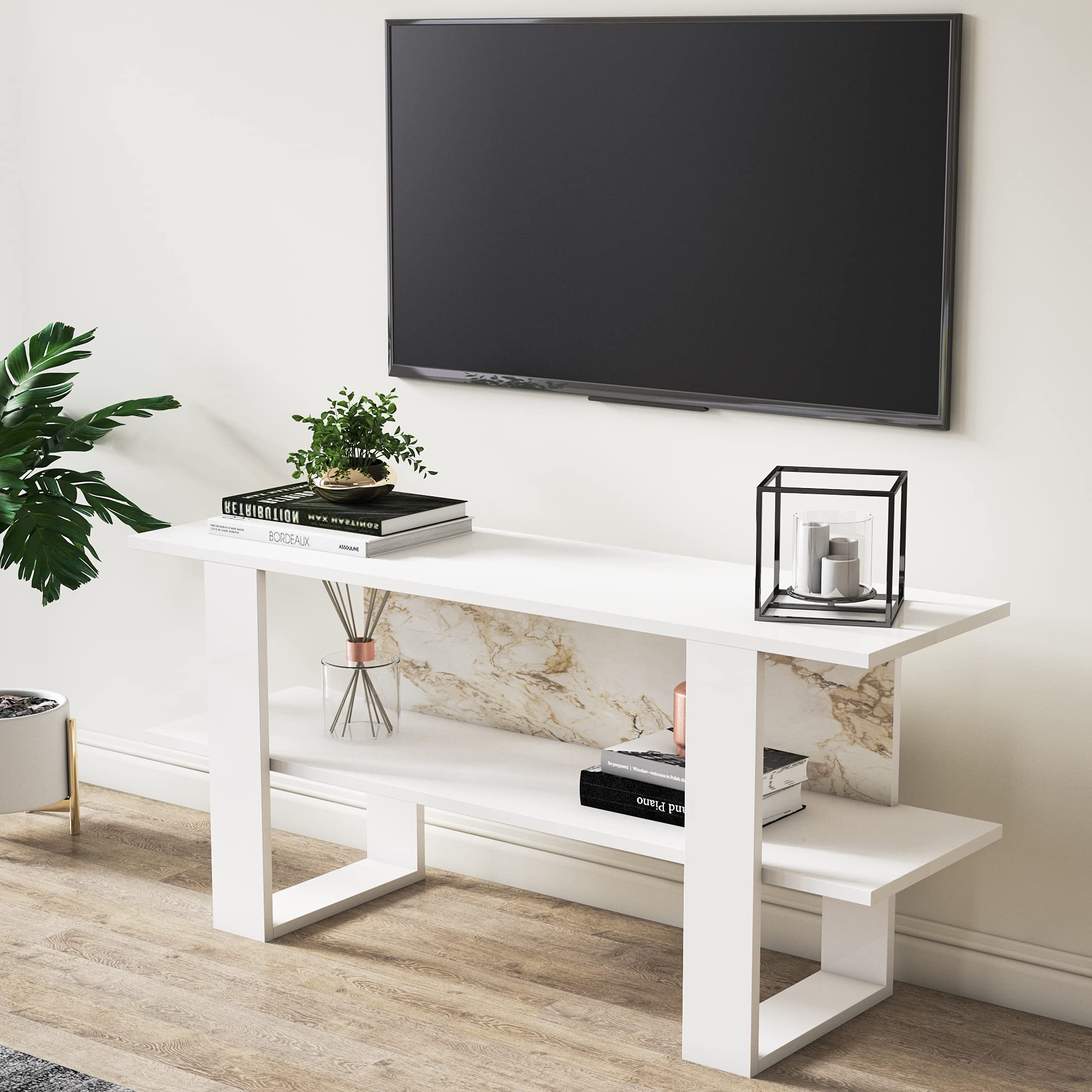Cornellia 55 Inch LED TV Stand - Modern Wood Entertainment Center for TVs Up to 55 Inches (White & Marble Design) - Perfect for Living Room, Bedroom, or Home Theater Setup