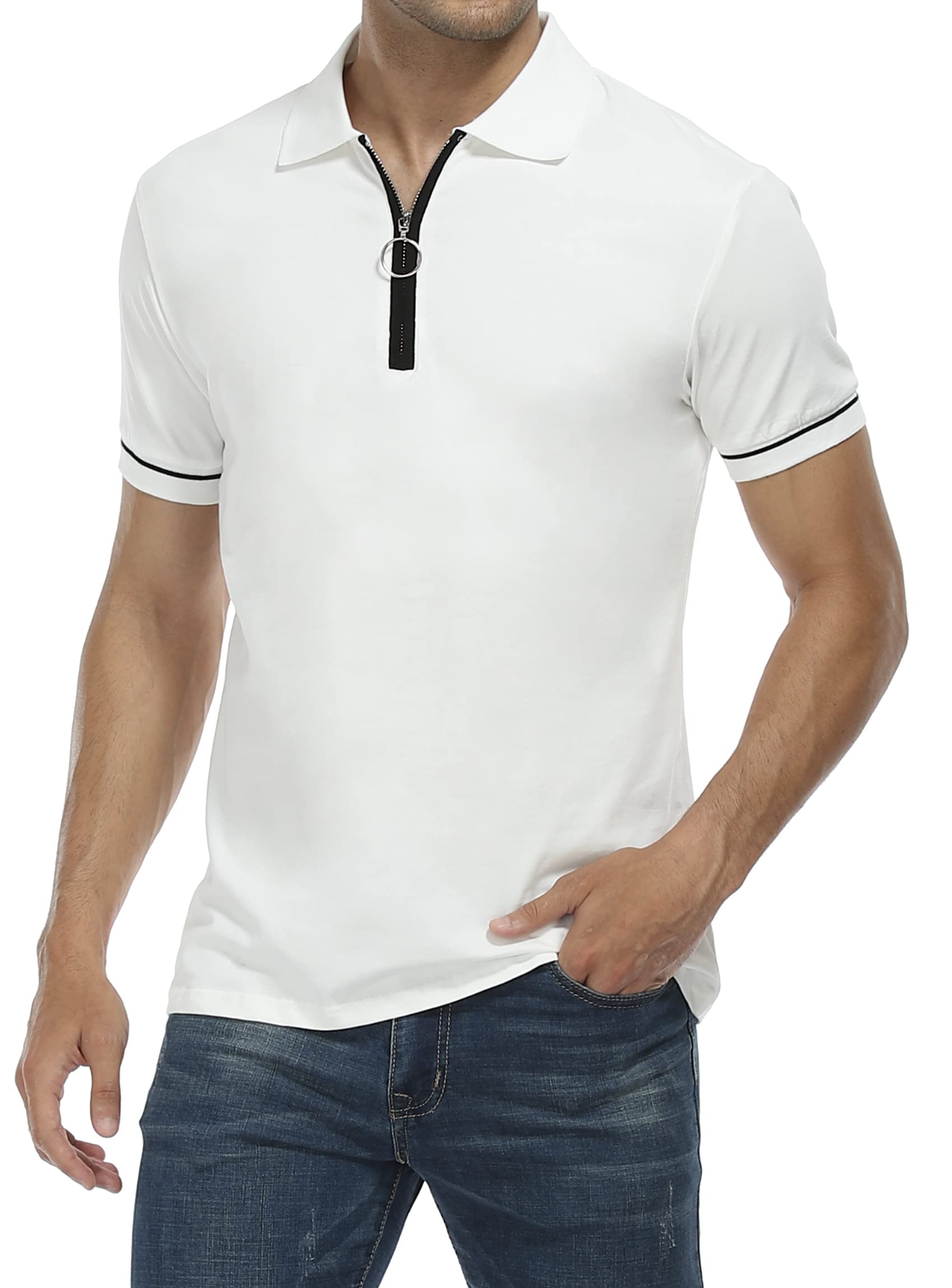 Men's Slim Fit V-Neck Short Sleeve Polo Shirt - Breathable Casual Summer Golf Tee with Quarter Zip Lapel | Perfect for Golf, Office & Outdoor Activities