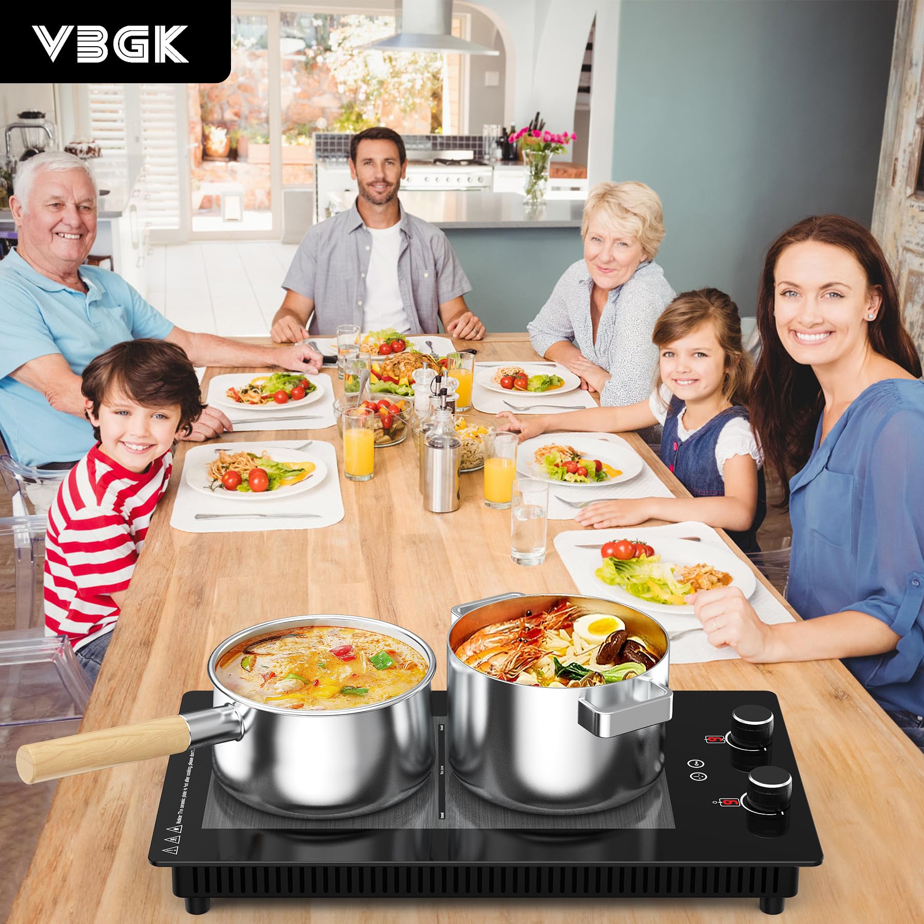 VBGK 12 Inch 3000W Double Induction Cooktop - 2 Burner Electric Stove with Rotary & Touch Controls, 9 Power Levels, Child Lock & Timer - Perfect for Home Kitchen, RV Cooking & Small Spaces (110V)