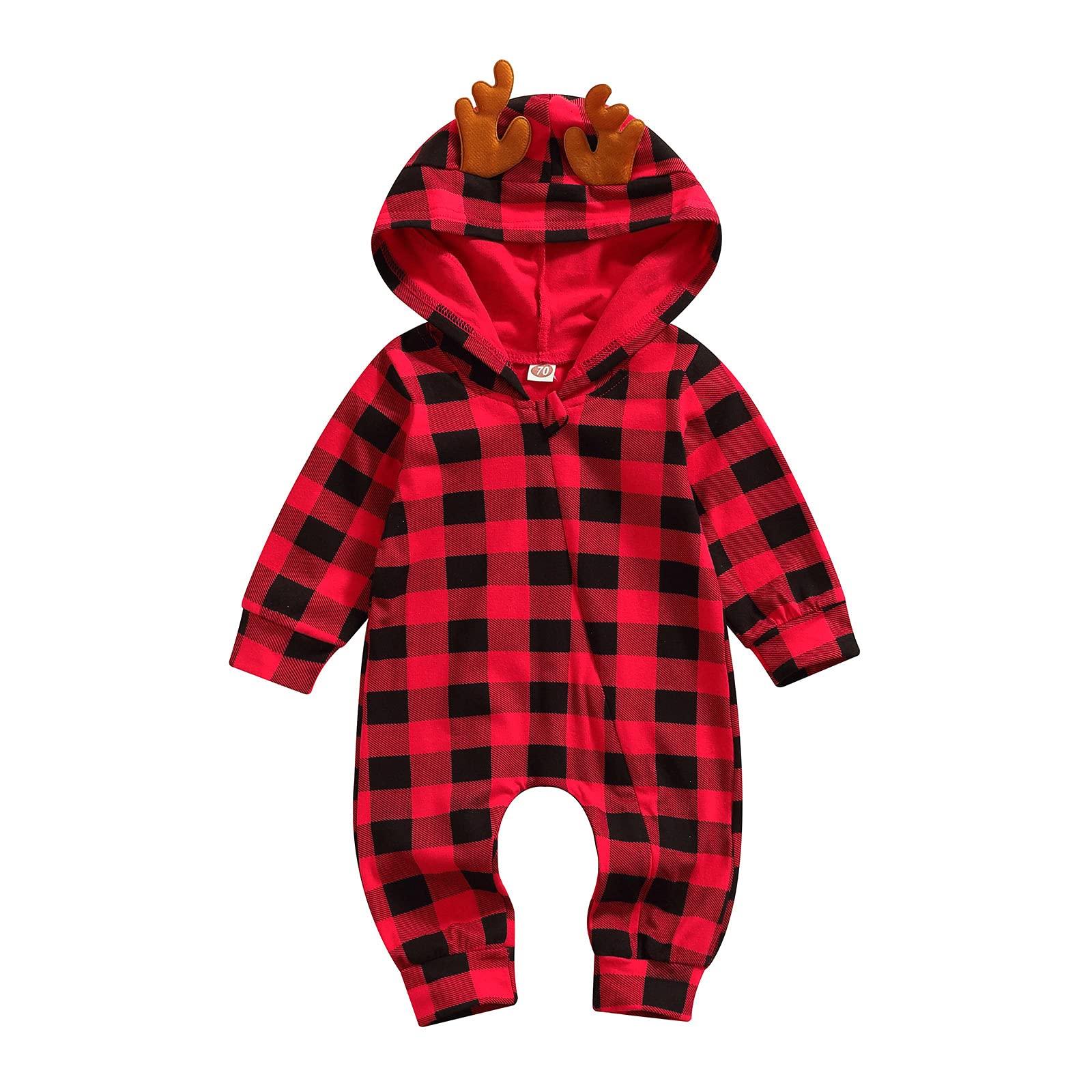 Newborn Baby Girl & Boy Christmas Outfits - Plaid Deer Romper Long Sleeve Hooded Jumpsuit Bodysuit | Holiday Photo Shoot, Xmas Party, Family Gathering