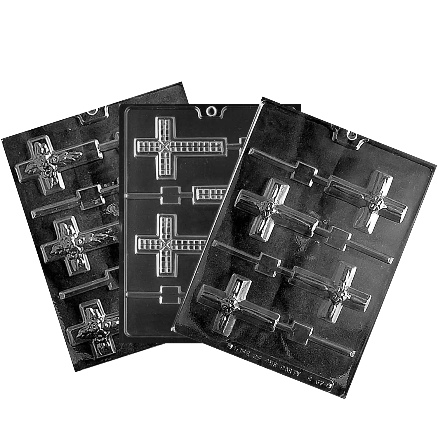 Candyland Crafts Cross Lollipop Chocolate Candy Soap Mold Set - 3 Pack Food Safe Plastic Molds for Cake Decorating, DIY Soap Making, and Candy Crafting (Includes Cross Lolly Flower R023, Cross Lollipop R061, Small Cross with Flower Lollipop R067) - Perfect for Birthday Parties, Wedding Favors, and Holiday Treats