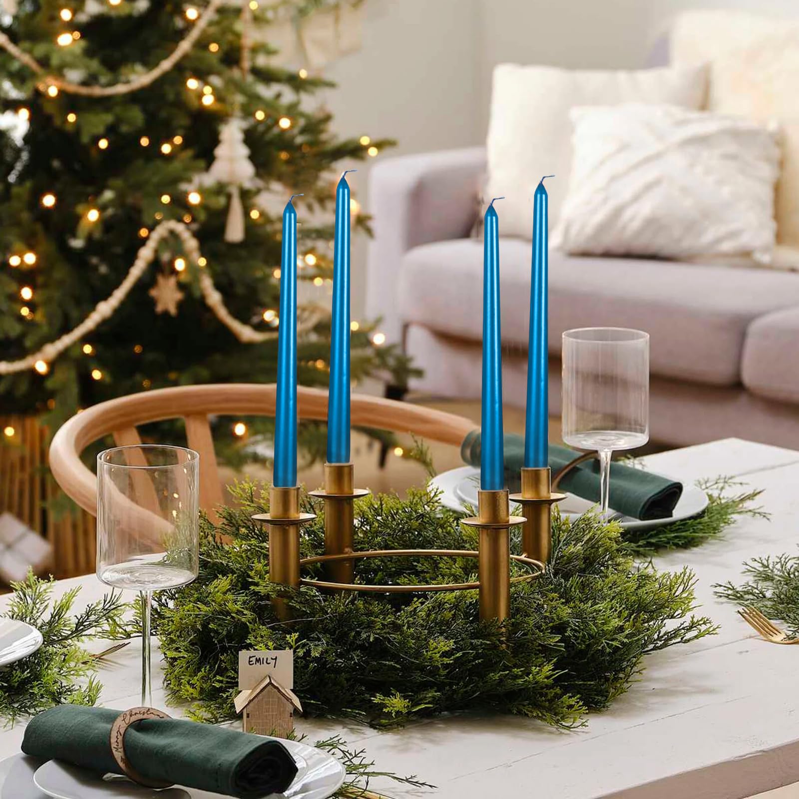 4-Pack 10-Inch Blue Metallic Spiral Taper Candles - Dripless Unscented Dinner Candles for Romantic Dining, Wedding Decor, Holiday Centerpieces & Home Ambiance Lighting (4 Pieces)