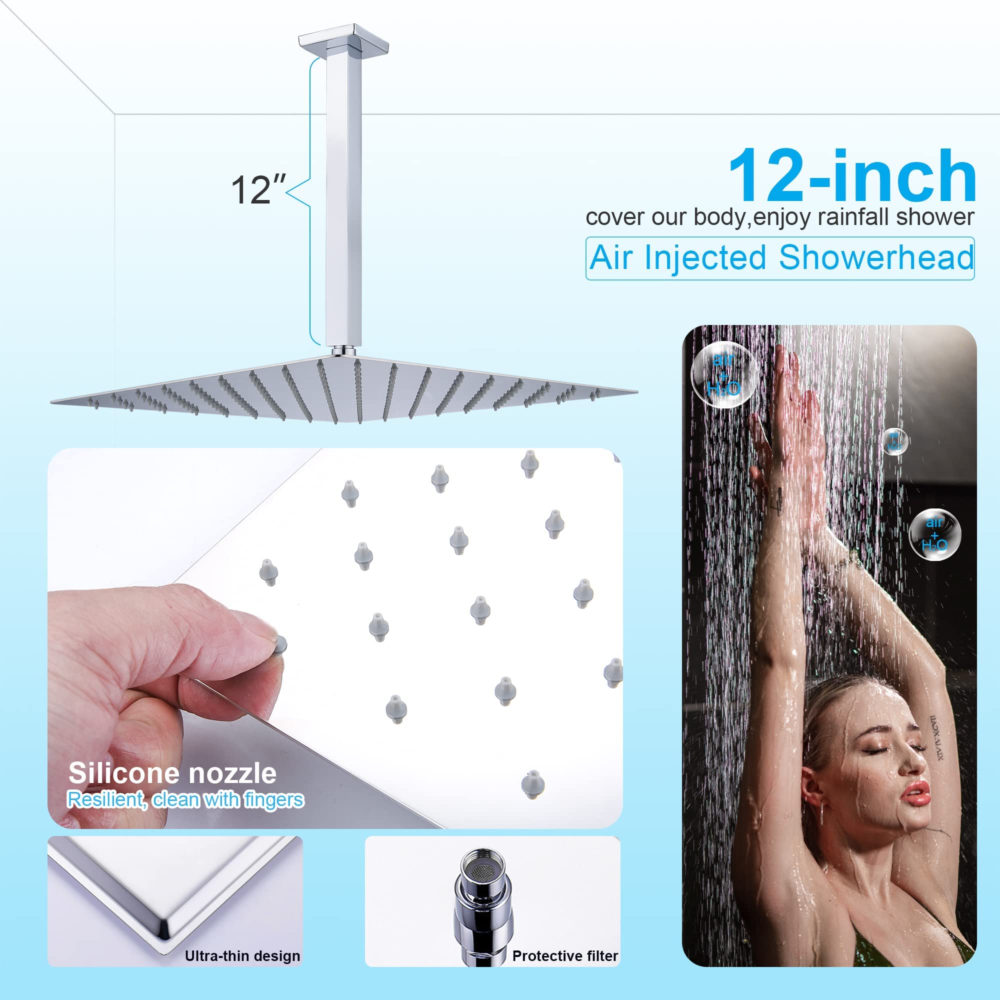 Enga 12 Inch Rain Shower System with Body Jets - Powerful Rainfall Shower Head & Handheld Spray - Chrome Rough-in Mixer Valve Faucet Set for Spa-Like Bathroom Experience | Perfect for Master Bathrooms & Luxury Showers