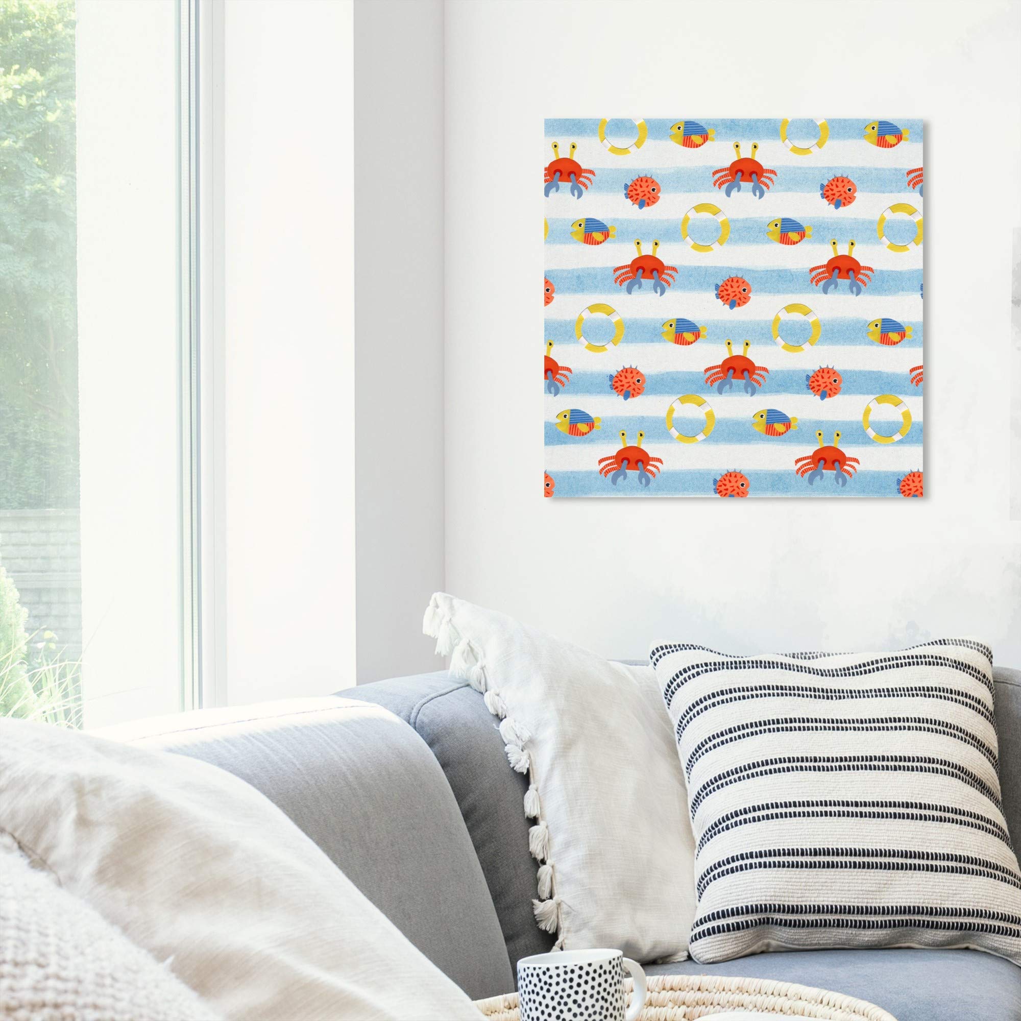 Wynwood Studio Nautical Coastal Wall Art Canvas Print - Fish Crab Lifesaver Pattern Home Decor - 20x20 Inches Blue & Orange - Perfect for Beach House, Bathroom & Coastal Living Room Decor