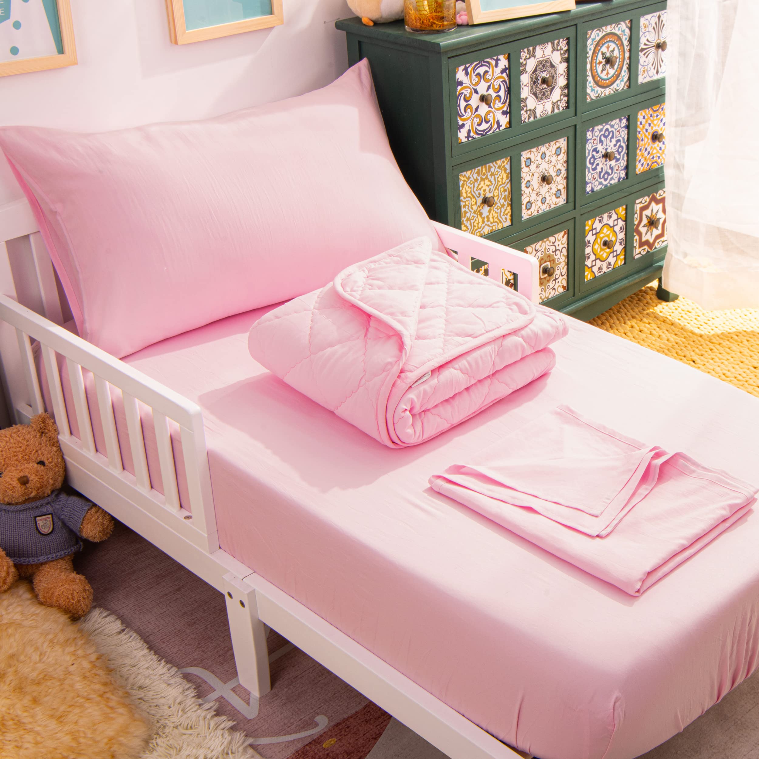 NTBAY 4-Piece Toddler Bedding Set - Soft & Breathable Crib Bedding for Boys & Girls, Includes Quilted Comforter, Fitted Sheet, Flat Sheet & Pillowcase - Pink - Perfect for Nursery, Daycare & Travel