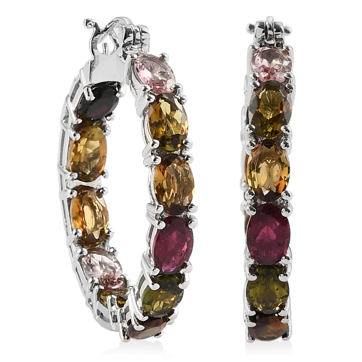 925 Sterling Silver Platinum Plated Multi-Tourmaline Hoop Earrings for Women - 7.5 CT Elegant Jewelry for Wedding, Engagement, Anniversary & Mother's Day Gifts | Perfect for Parties, Date Nights & Special Occasions