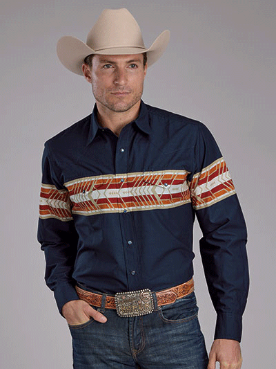 Roper Men's Aztec Border Print Shirt - Navy Blue Casual Button Down Shirt for Western Style & Outdoor Activities
