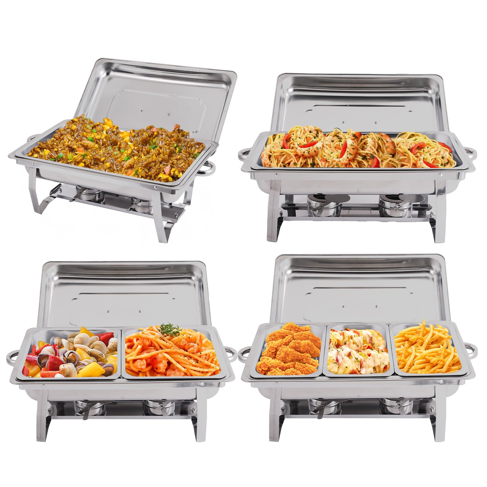 4 Pack 8QT Stainless Steel Chafing Dish Buffet Set - 2 Full Size, 2 Half Size & 3 1/3 Size Food Pans - Catering Food Warmers for Party, Wedding, Banquet, Buffet & Catering Events - Perfect for Keeping Food Hot at Events, Restaurants & Home Entertaining