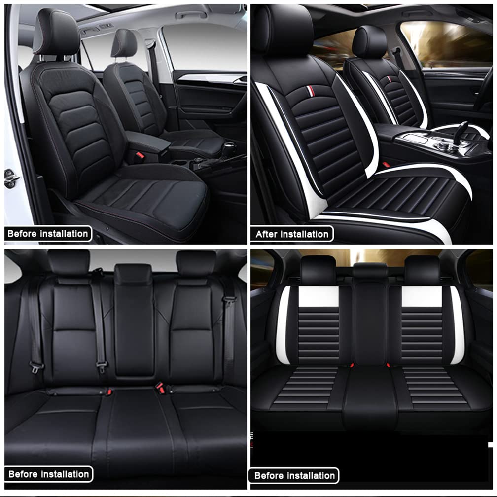Premium Universal PU Leather Car Seat Covers - Waterproof, Durable & Airbag Compatible - 5-Piece Set (Black/White) for SUVs, Sedans & Trucks - Perfect for Family Road Trips, Commuting & Pet Protection