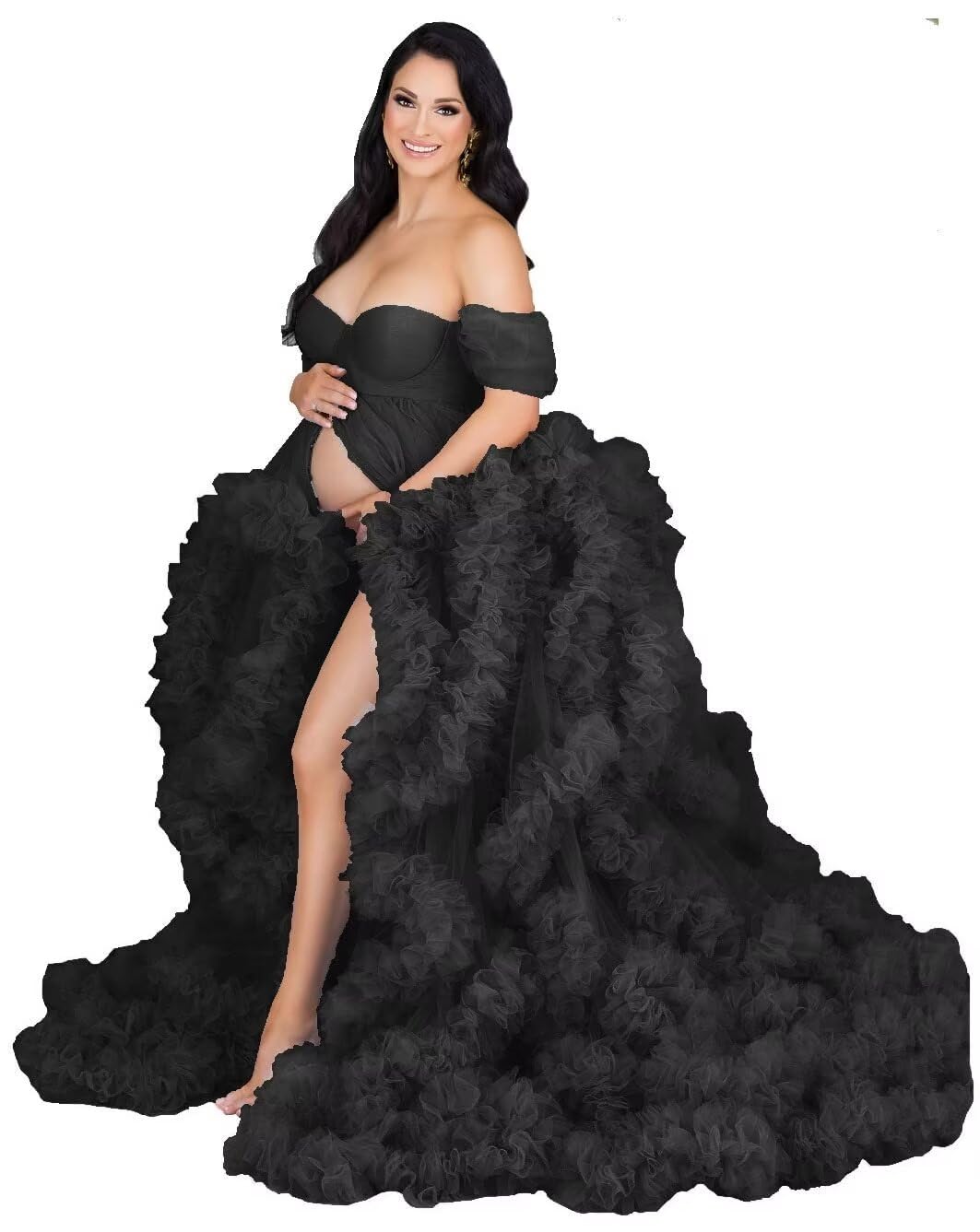 Elegant Maternity Photoshoot Dress - Women's Tulle Bridal Robe with Puffy Ruffles & Illusion Scarf for Wedding, Lingerie & Bathgown - Perfect for Maternity Photos, Bridal Showers & Romantic Occasions
