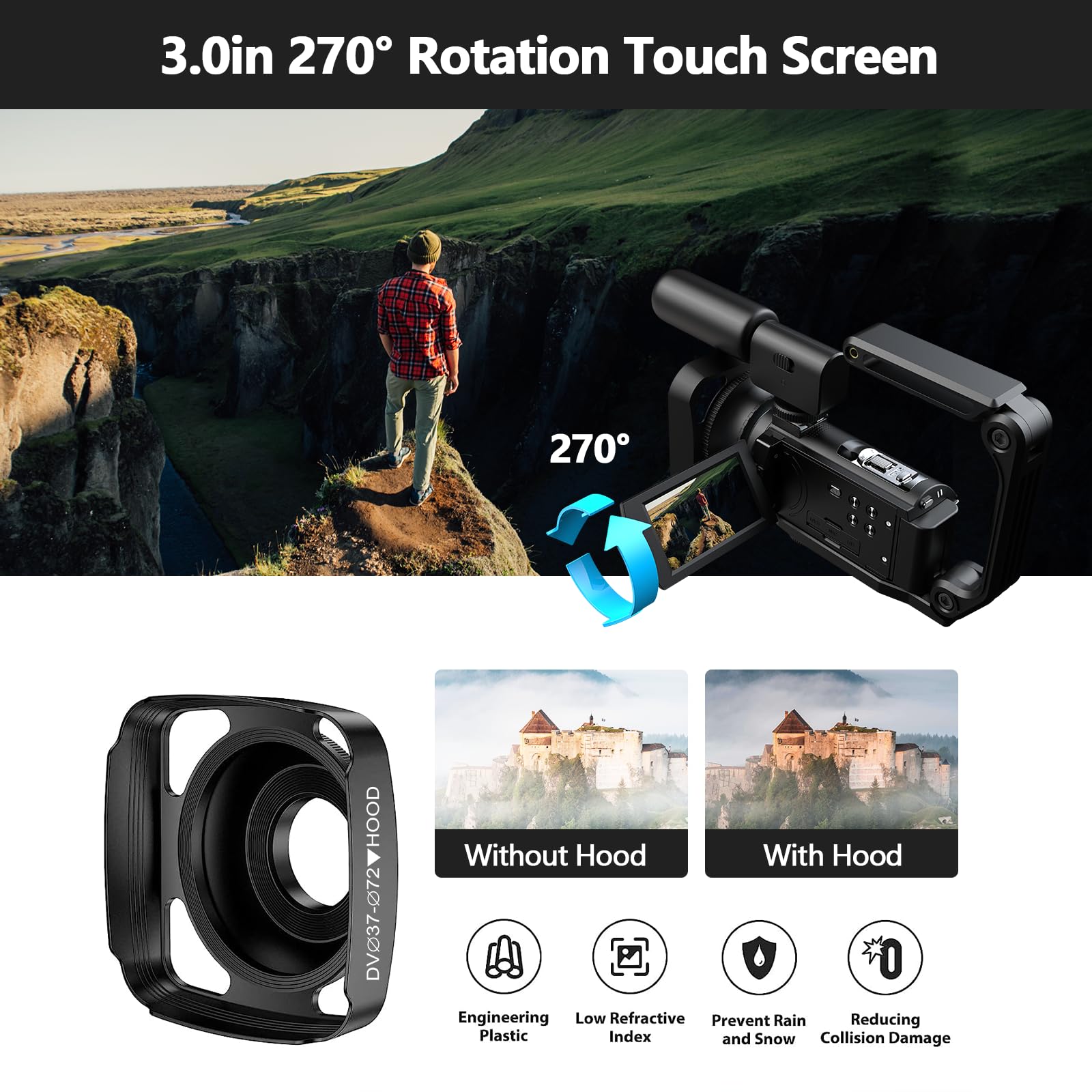 5K 56MP Vlogging Camera with WiFi & Night Vision - 3” 270° Rotatable Touchscreen YouTube Camcorder, Includes 64GB SD Card, Microphone, Stabilizer, Remote, Batteries & Tripod - Perfect for Travel Vlogging, Live Streaming & Podcast Recording