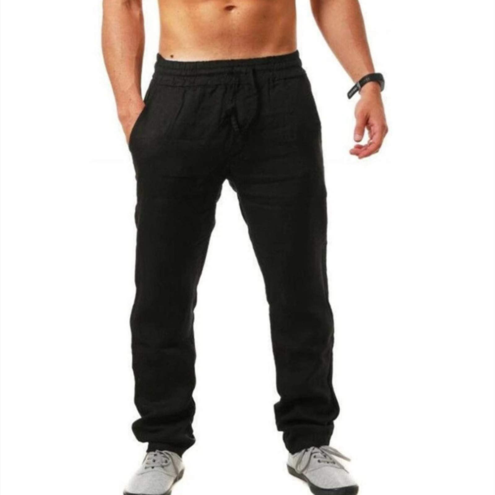 STKOOBQ Men's Harem Pants - Loose Fit Linen Elastic Waist Solid Color Breathable Cotton Casual Pants for Lounge, Yoga & Travel