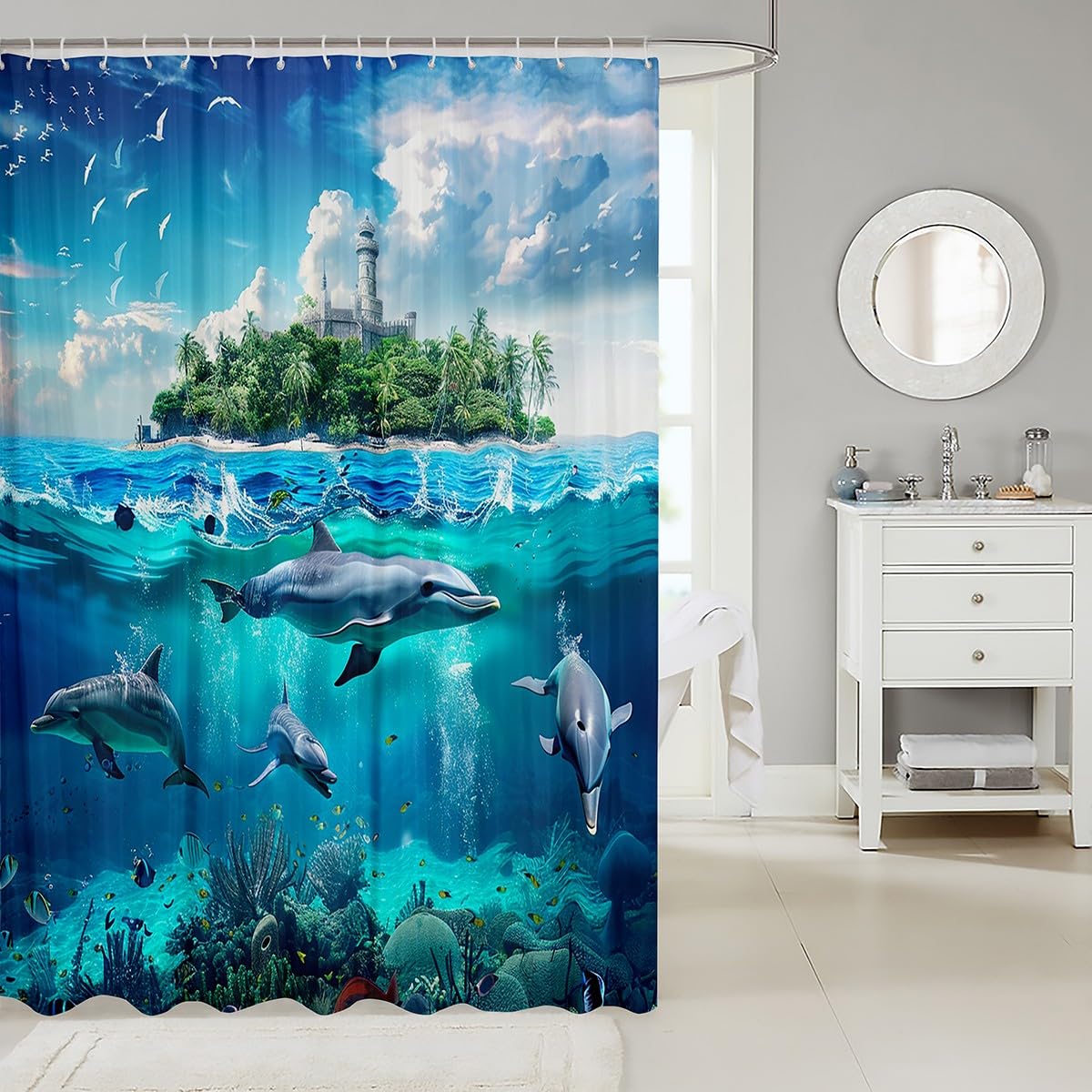 Cute Dolphin Bath Curtain for Kids - Ocean Animal Shower Curtain with Hawaiian Sealife Design, 72x72 Inch Polyester Beach Aquarium Bathroom Decor Set - Perfect for Kids' Bathrooms, Beach-Themed Decor & Coastal Home Accessories