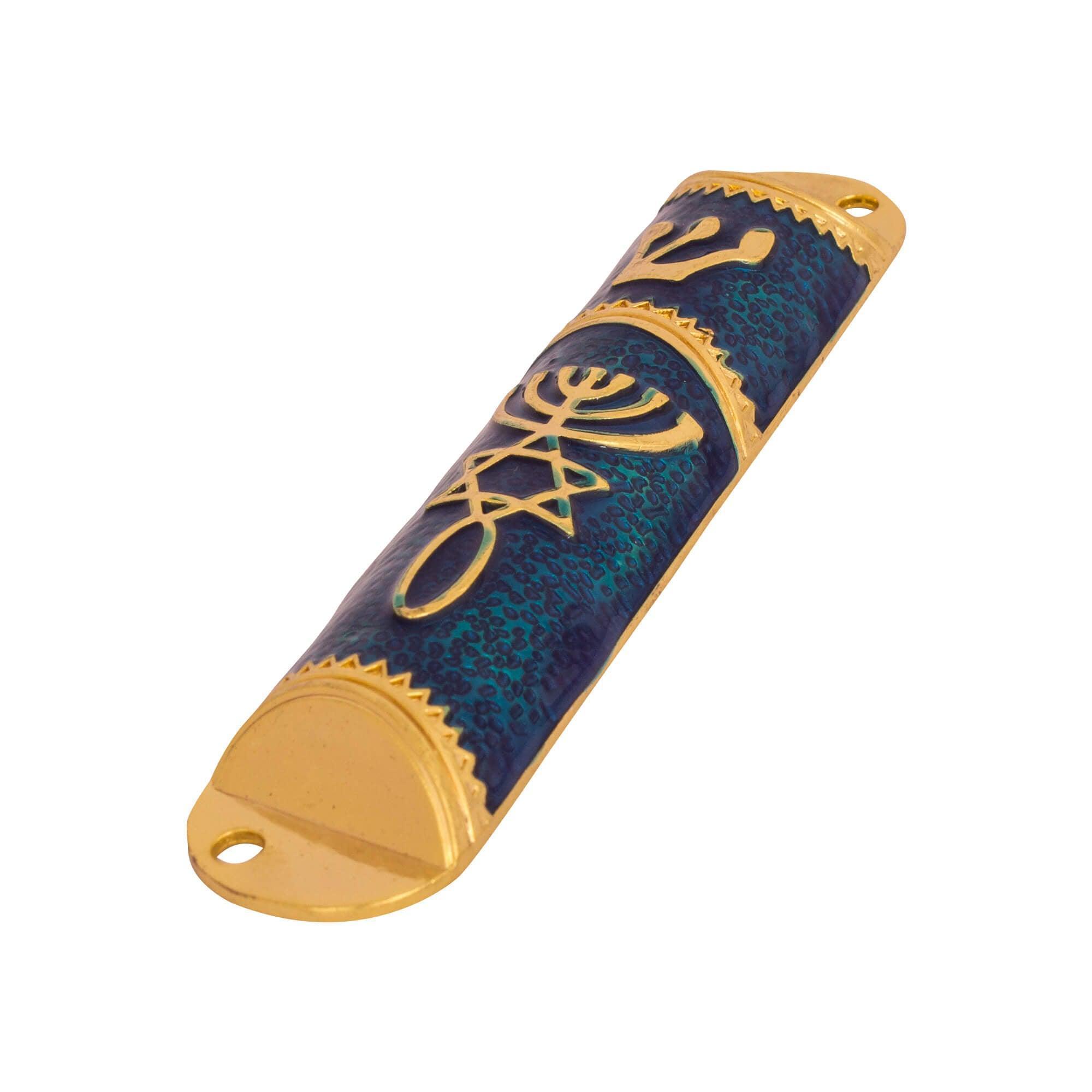 3-Piece Gold & Blue Metal Mezuzah Case Set with Messianic Symbol - 4.1 Inch Jewish Door Blessing Scroll Holder for Home, Office & Gift Giving