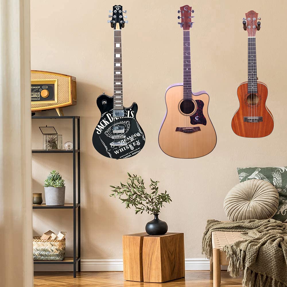 3 Pack Guitar Wall Hangers - Heavy Duty Black Walnut Wall Mount Hook for Acoustic, Electric, Bass, Banjo, Mandolin & Ukulele - Space Saving Instrument Storage Solution for Home, Studio or Music Classroom