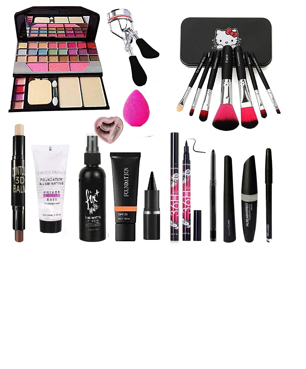 VELORA Professional Makeup Brush Set with 3D Contour Stick, Primer, Makeup Fixer, Foundation, Kajal Stick, Waterproof 36H Eyeliner & 3-in-1 Combo - Includes Eyelash Curler, False Lashes with Glue & Beauty Blender - Perfect for Full Face Makeup, Contouring & Long-Lasting Looks