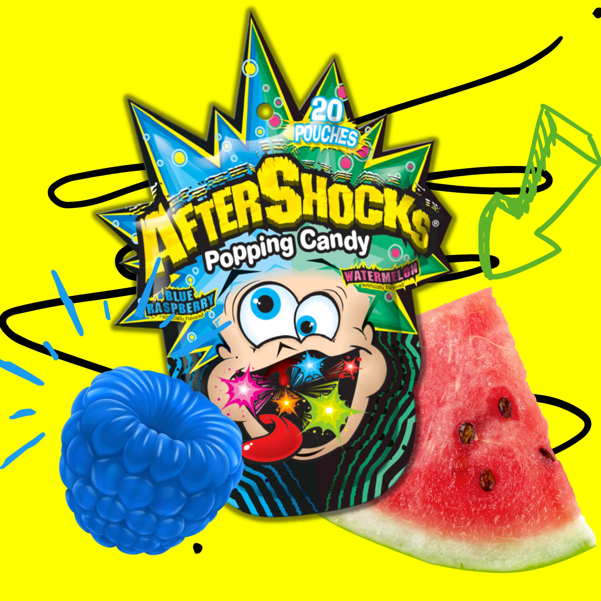 Sweetzo - Watermelon & Blue Raspberry Popping Rock Candy - Individually Wrapped Bulk Fizzy Candies - 90's Retro Snacks - Pack of 3 (1.06 oz) - Perfect for Parties, Movie Nights & Nostalgic Treats