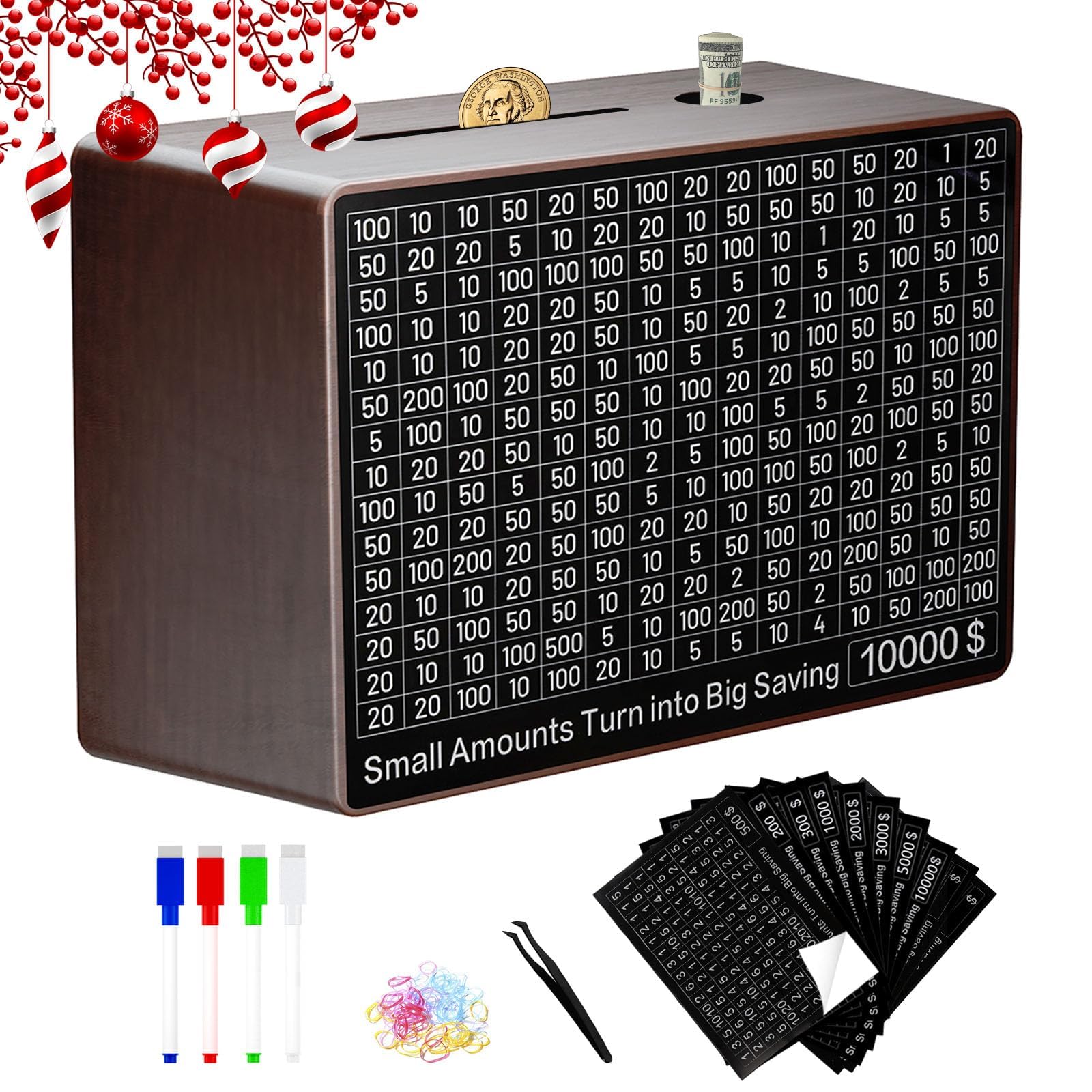 Wooden Money Saving Box with 10 Targets ($200-$10,000) - 9.1 x 6.7 x 3.2 Inches Reusable Cash Savings Challenge Box for Kids & Adults - Perfect for Budgeting, Emergency Funds & Financial Goals (Brown)