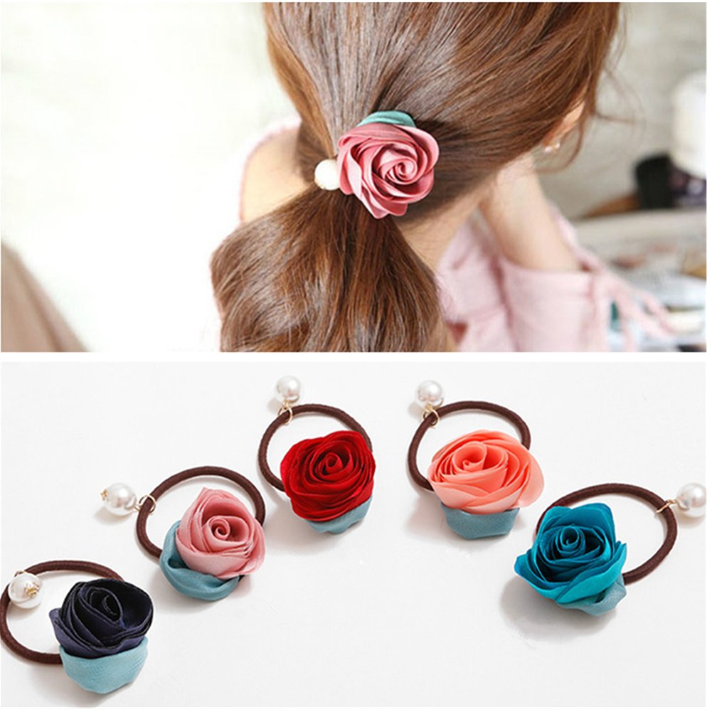 5Pcs Pearl Flower Hair Accessories for Women & Girls - Elastic Hair Ties, Headbands, Ponytail Holders & Hair Rings - Perfect for Weddings, Parties & Everyday Fashion Styling