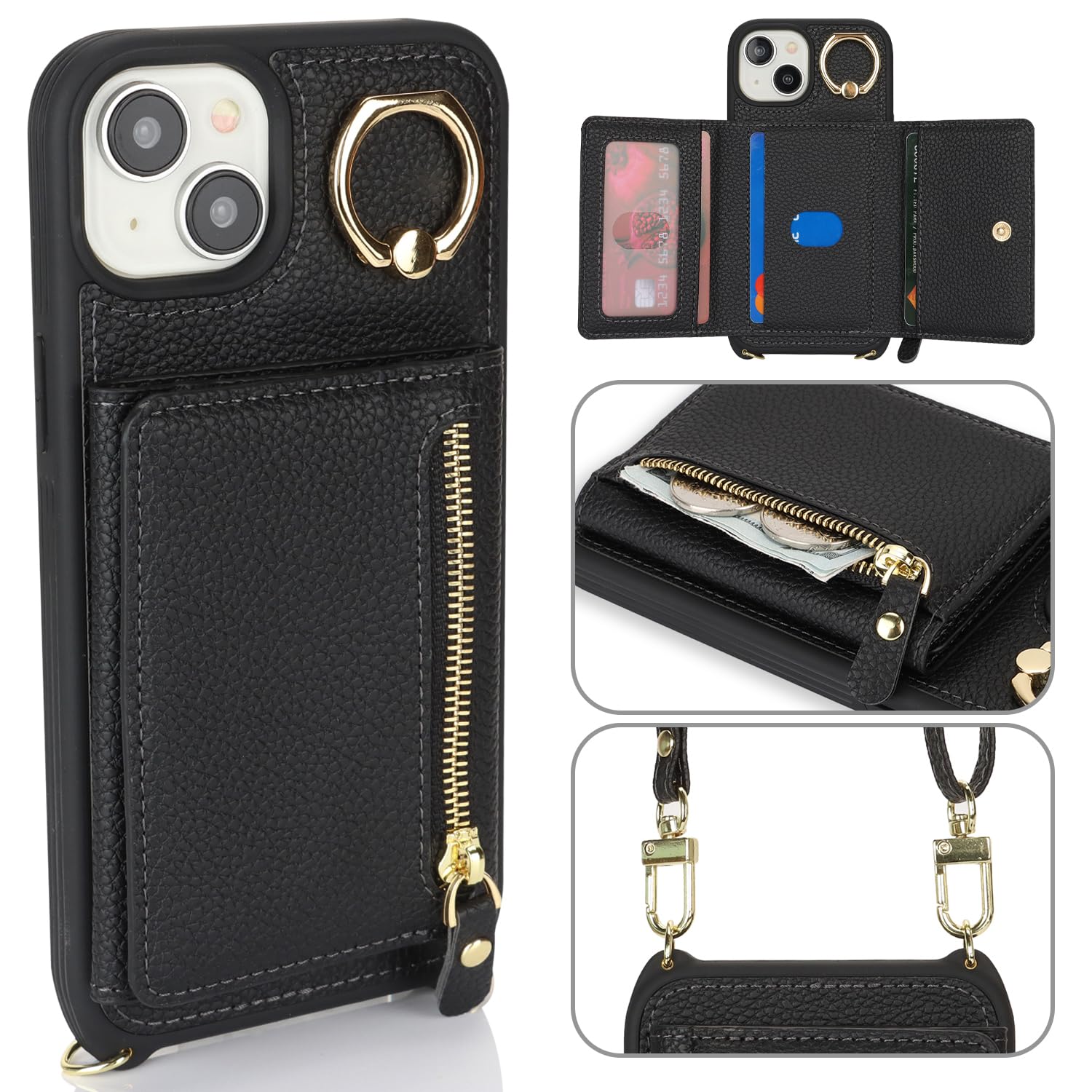Premium Leather iPhone 13 Mini Case with Card Holder & Crossbody Strap - Wallet Phone Case with Zipper Pocket & Stand Ring for Women (Black) - Perfect for Travel, Shopping & Everyday Use