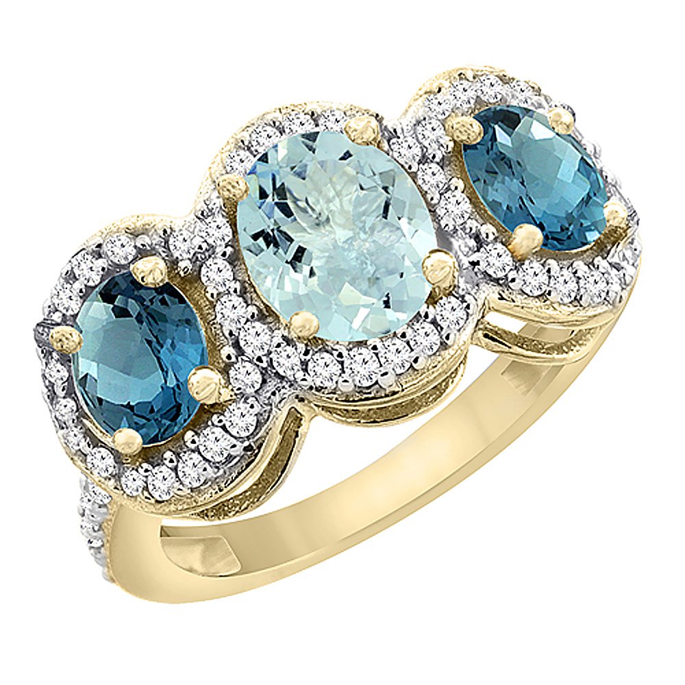 10K Yellow Gold Natural Aquamarine & London Blue Topaz 3-Stone Ring with Oval Diamond Accent - Size 5-10 | Elegant Birthstone Jewelry for Women, Perfect for Anniversaries, Engagements & Special Occasions