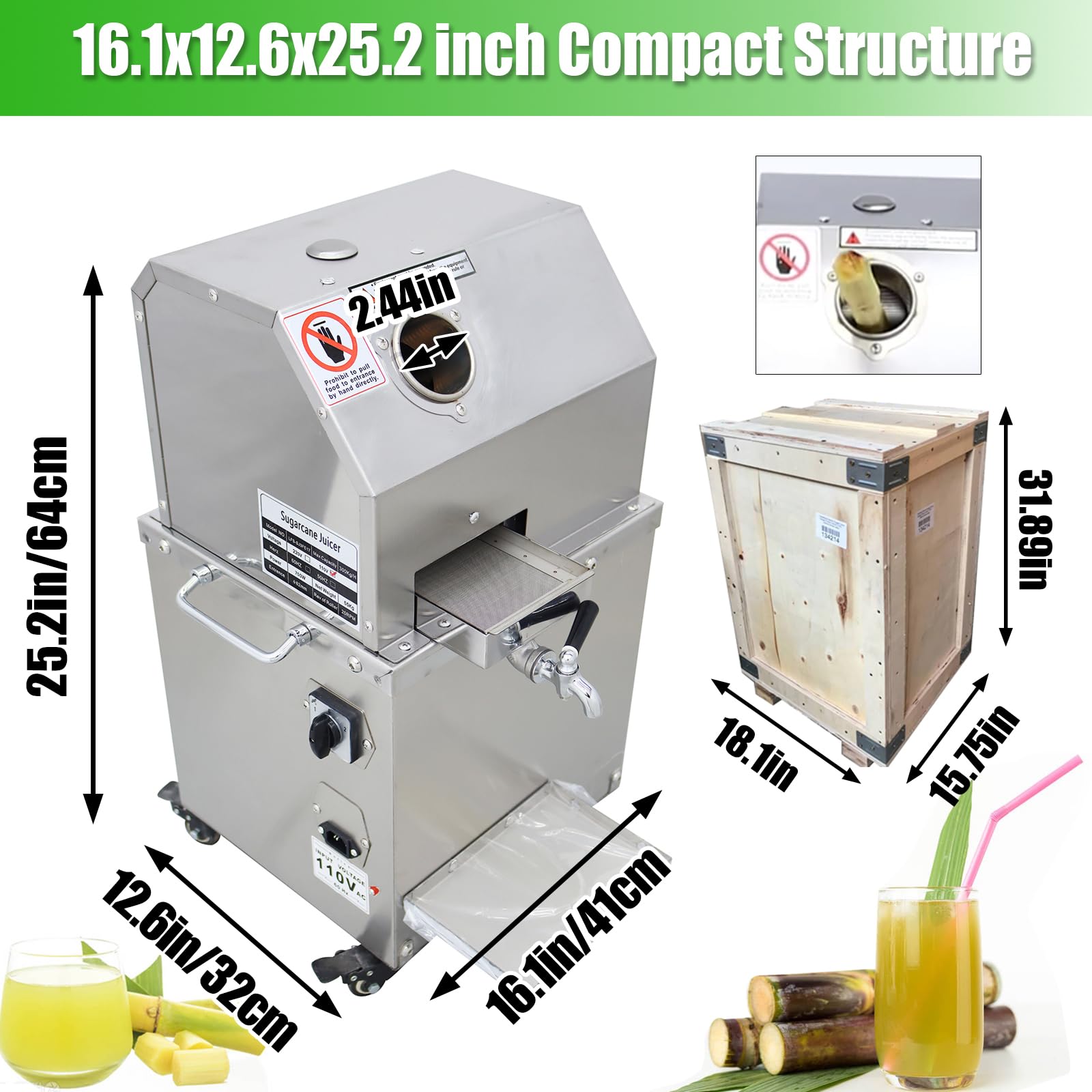 800W Commercial Electric Sugarcane Juicer Machine - 3 Rollers Auto Pressure Adjustment, 660lbs/h High Yield, Vertical Sugar Cane Press Extractor for Juice Bars, Restaurants & Healthy Home Use