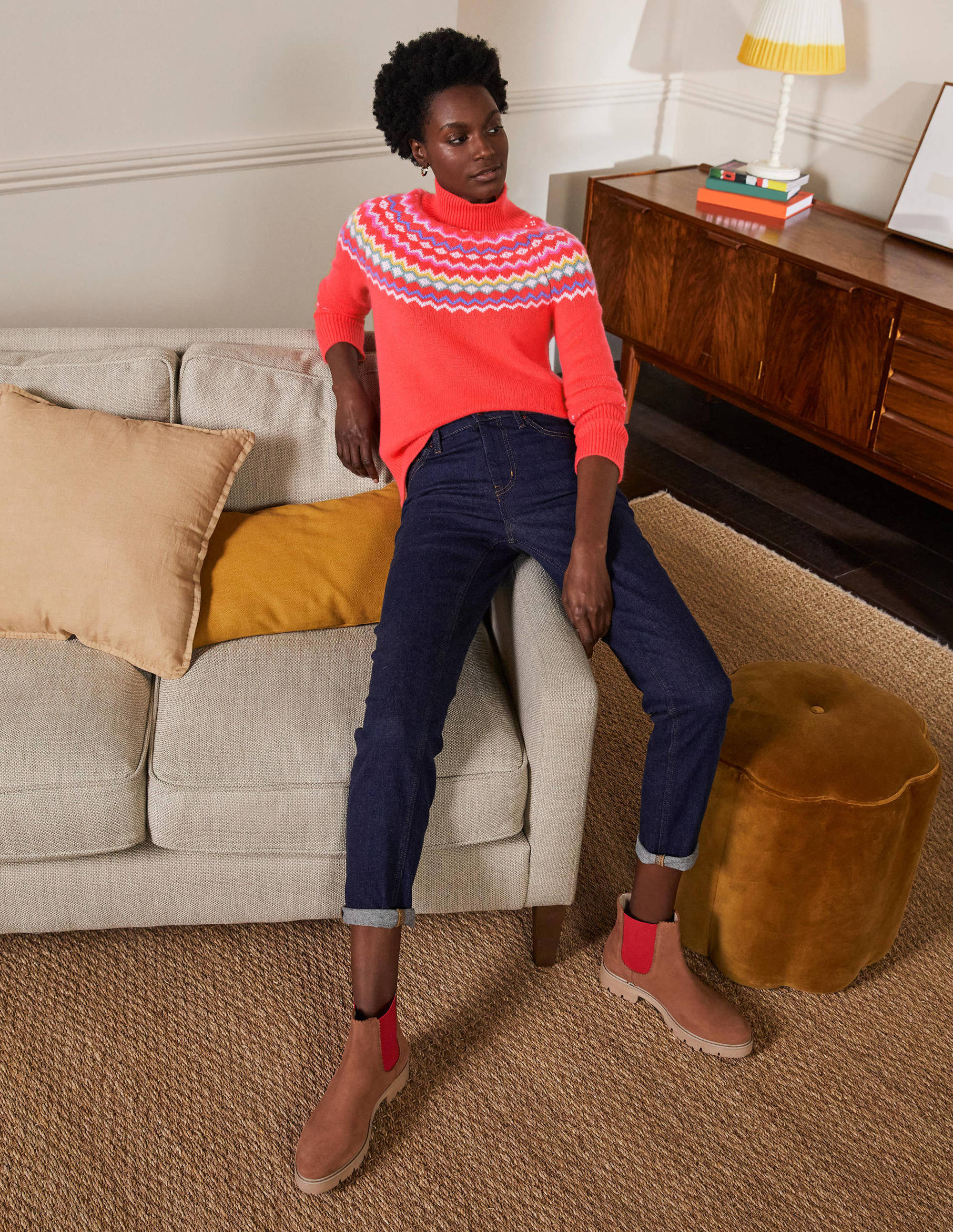 Anna Women's Cashmere Sweater - Coral Fair Isle Knit Pullover for Winter Warmth & Cozy Style | Perfect for Holiday Gifts & Casual Outings