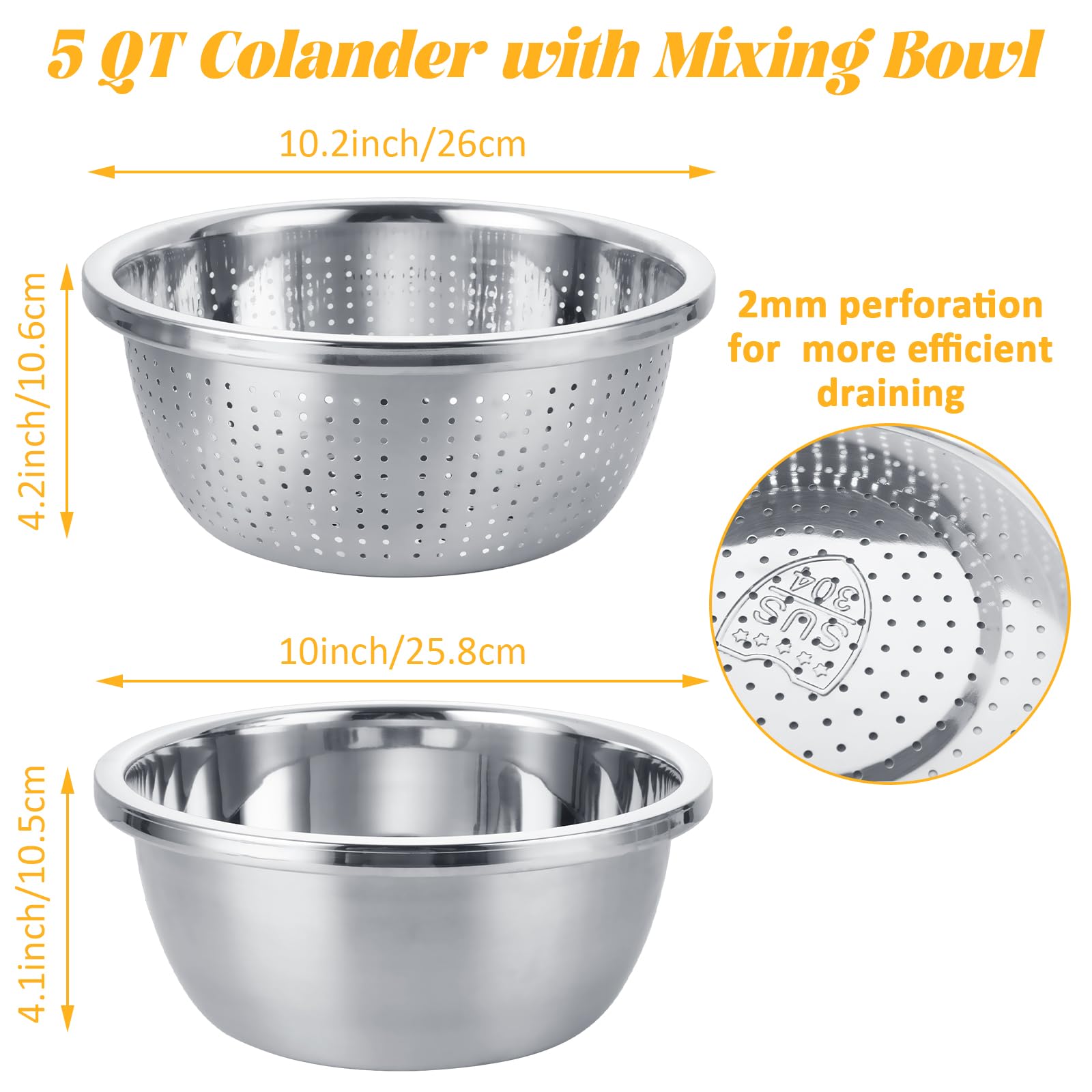 2-Pack 5QT 304 Stainless Steel Colander Strainer with Mixing Bowl - Large Metal Kitchen Strainer for Washing Vegetables, Fruits & Rice - Dishwasher Safe - Perfect for Meal Prep, Salad Making & Pasta Draining