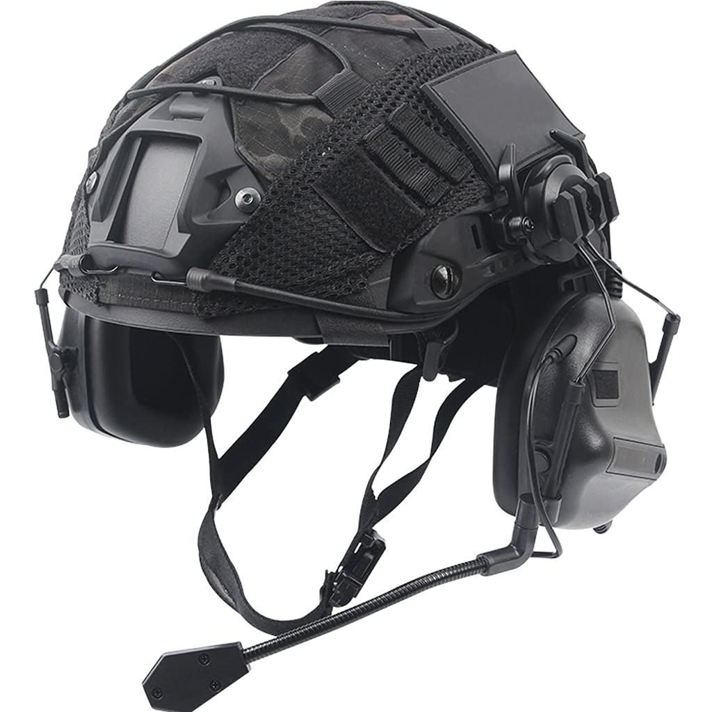 Tactical Fast Helmet Set with Headset & Cover - Military Airsoft Paintball Hunting Gear (Black, Medium) - Perfect for Outdoor Adventures & Combat Training