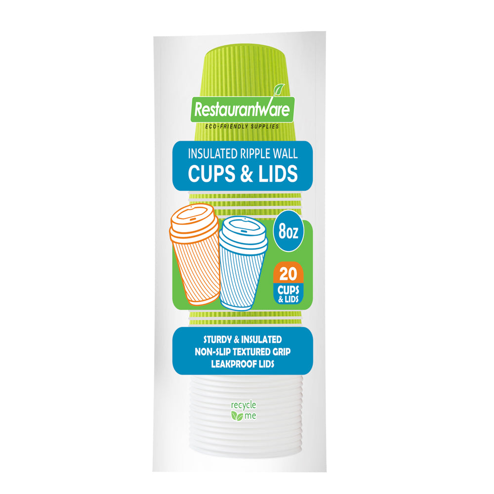 8 oz Eco-Friendly Recyclable Paper Ripple Wall Coffee Cups with White Lids - 3.5