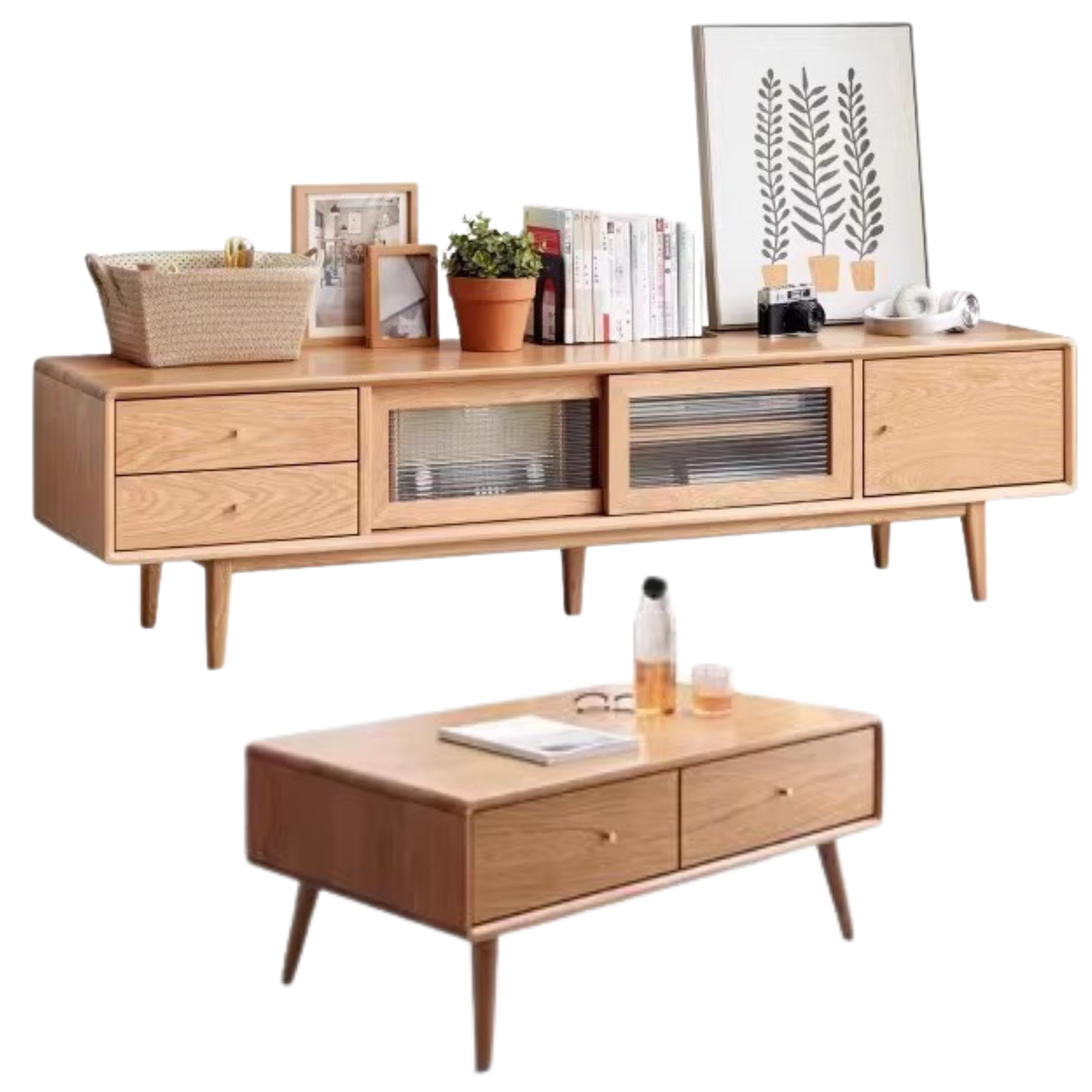 Solid Oak Wood TV Stand with Sliding Doors - Modern Entertainment Center for Living Room, Bedroom & Home Theater