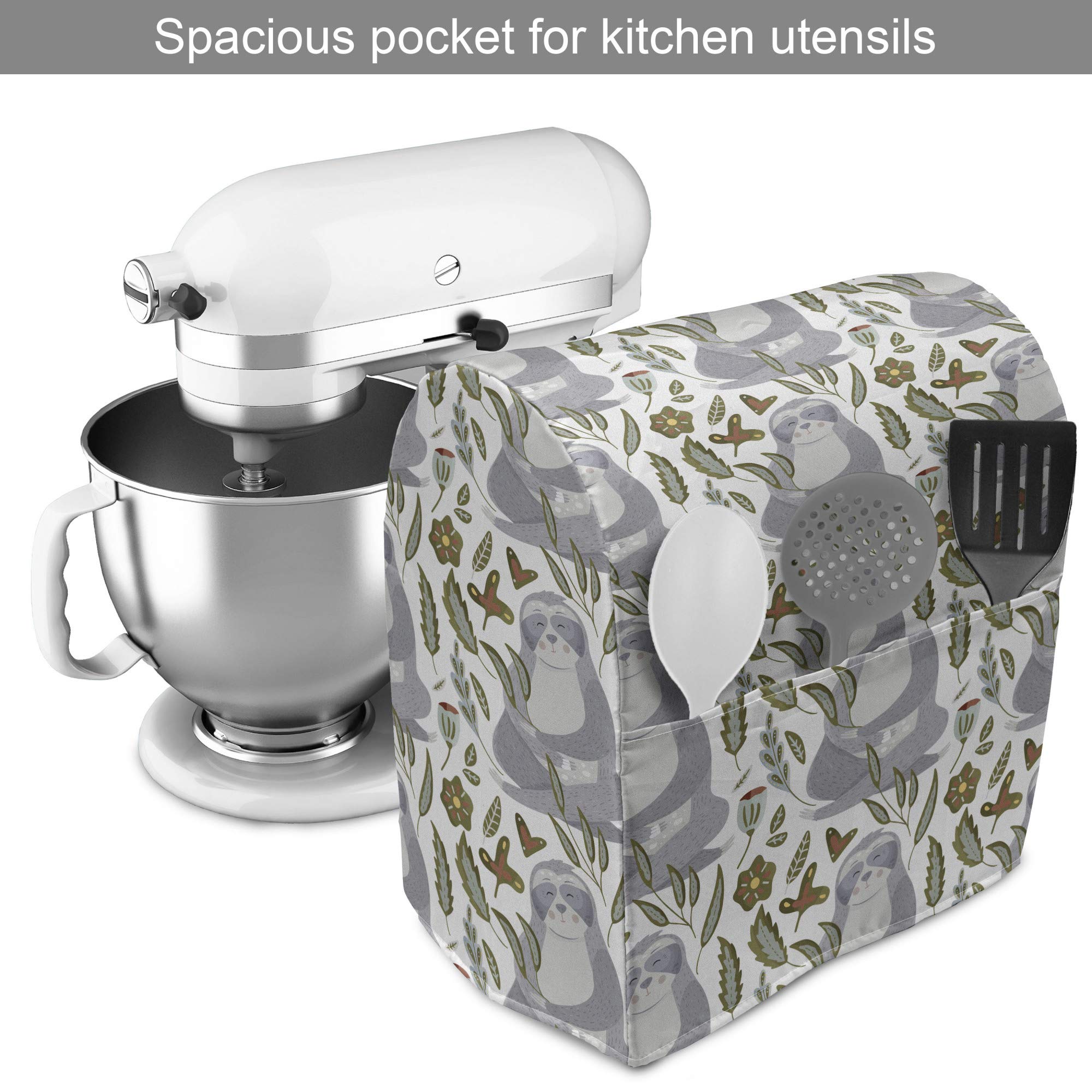 Ambesonne Sloth Stand Mixer Cover - Watercolor Lazy Animal & Autumn Botany Design, Kitchen Appliance Organizer with Pocket (Fits 6-8 Quart Mixers, White & Multicolor) - Perfect for Baking, Cooking & Kitchen Organization