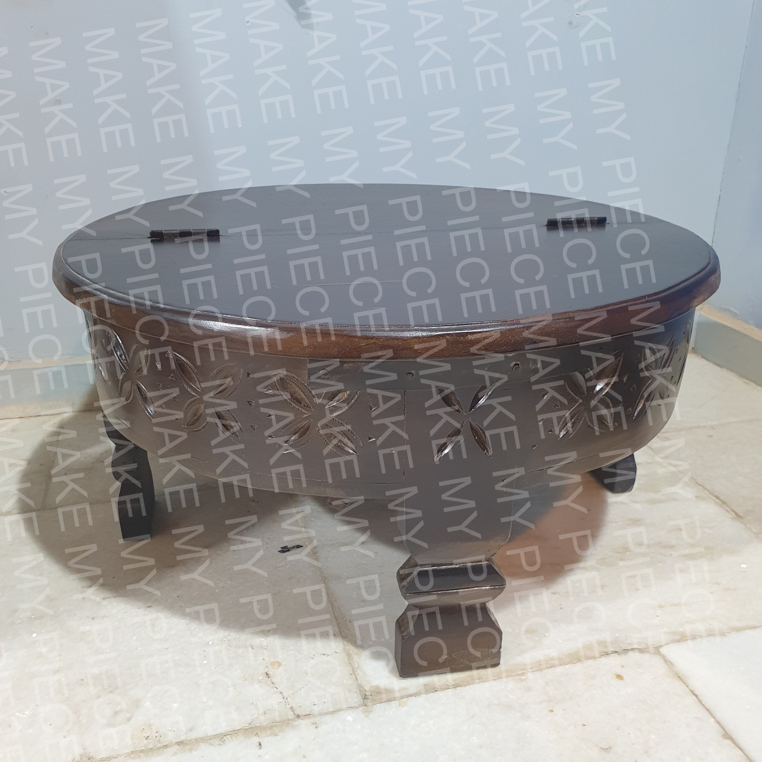 FARHANA Tribal Grinder Round Coffee Table - Dark Brown Wooden End Table with Carved Design for Living Room, Lounge & Home Decor