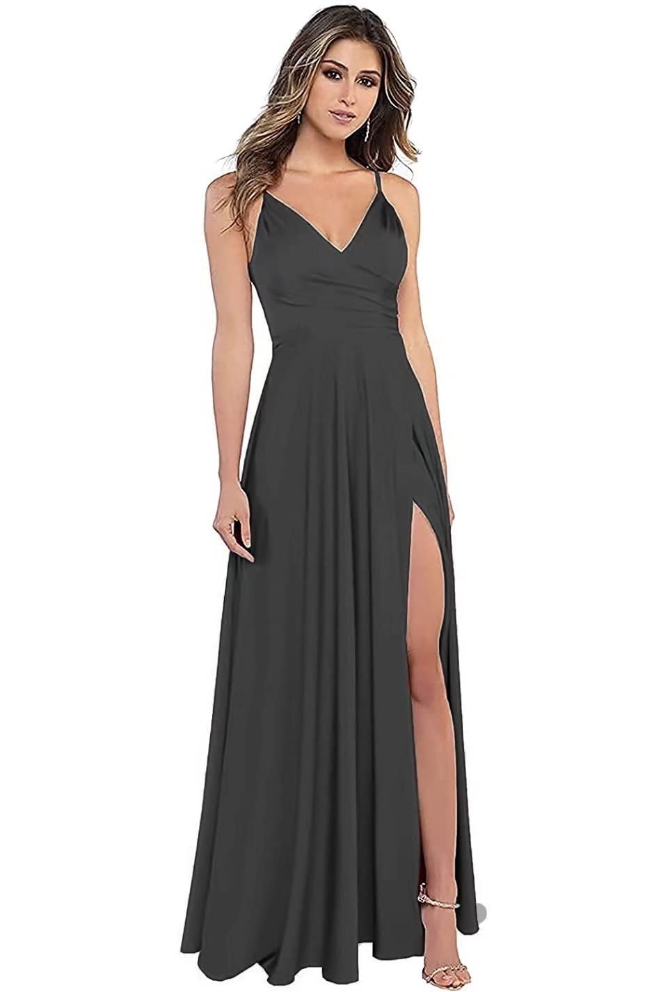 Elegant Mouccy Women's V-Neck Silk Satin Prom Dress with Slit - A-Line Formal Party Gown for Bridesmaid, Evening Events & Special Occasions