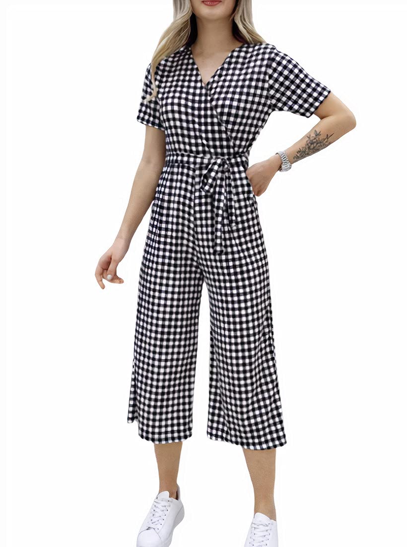 Women's V-Neck Short Sleeve Plaid Jumpsuit - Black & White Overall Dress (Large) | Casual Summer Outfit, Beach Cover-Up, Party Wear & Everyday Fashion